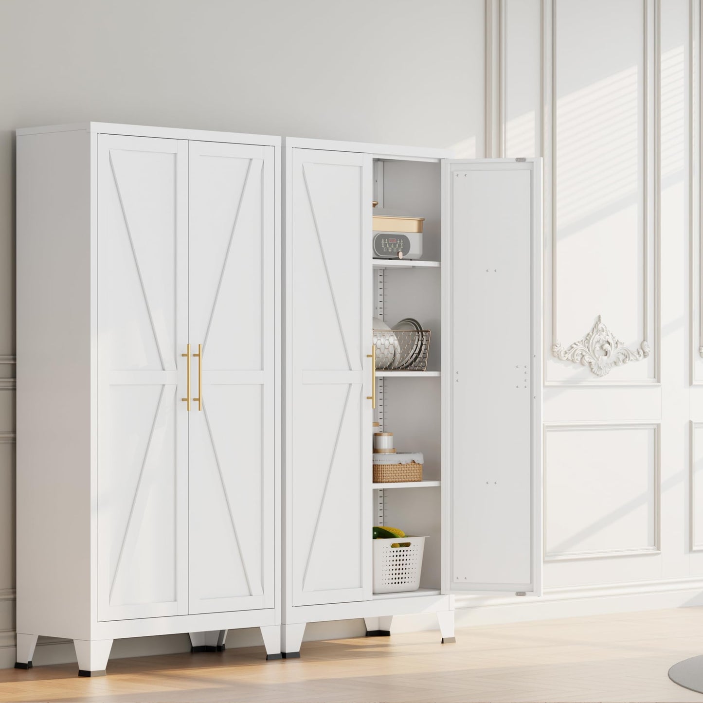 Elitehouse 61" Tall Metal Storage Cabinet with Barn Doors and 3 Adjustable Shelves,4-Tier Large Kitchen Pantry Cabinet for Kitchen, Bathroom, Dining Room, Utility Room - White