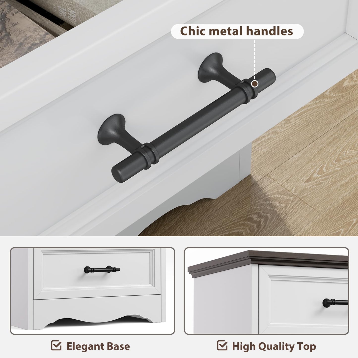 Nightstand Set of 2, Farmhouse Night Stand with Charging Station, White Wood Bedside Table & End Table with 3 Drawers, Side Table Storage Cabinet with Metal Handles for Bedroom, Living Room