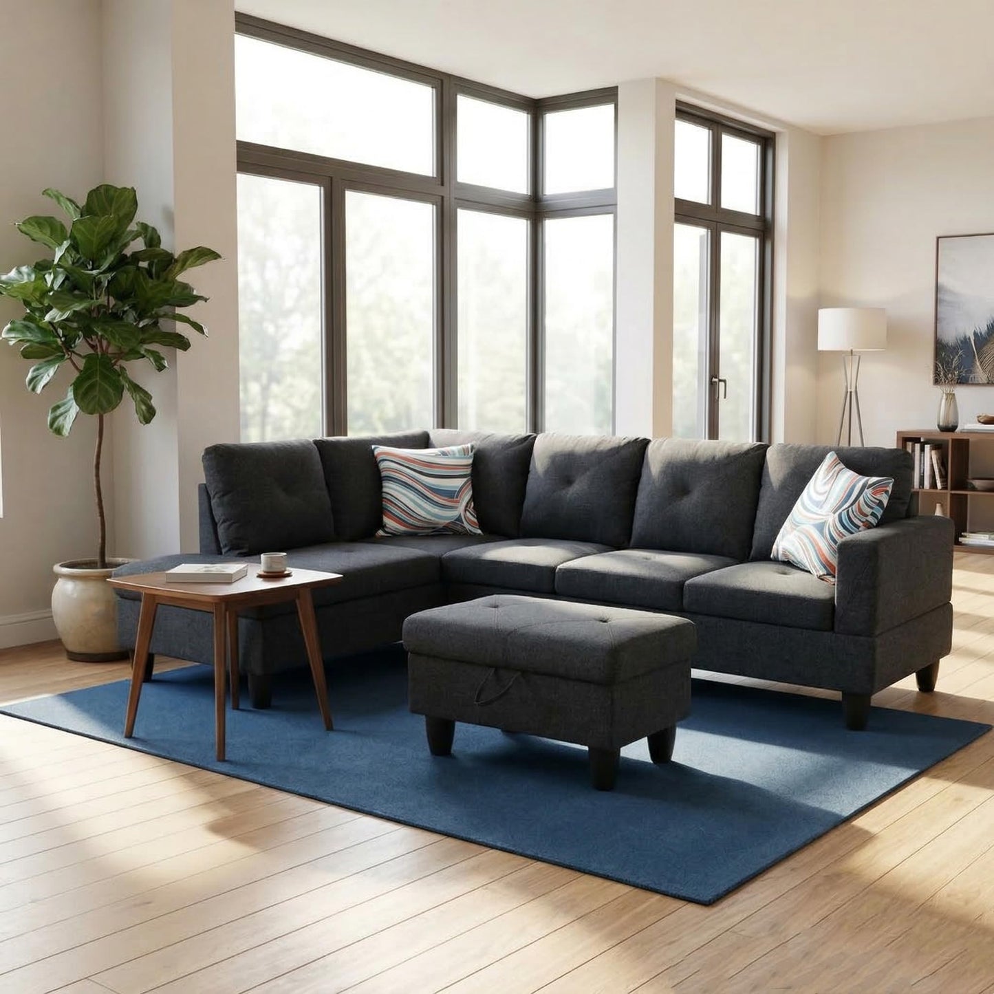 Trygoal 97" Linen 4-Seat L-Shaped Sectional Sofa with Movable Chaise & Storage Ottoman - 3-Piece Modular Convertible Couch for Living Room, Bedroom, Apartment & Office, Black Gray