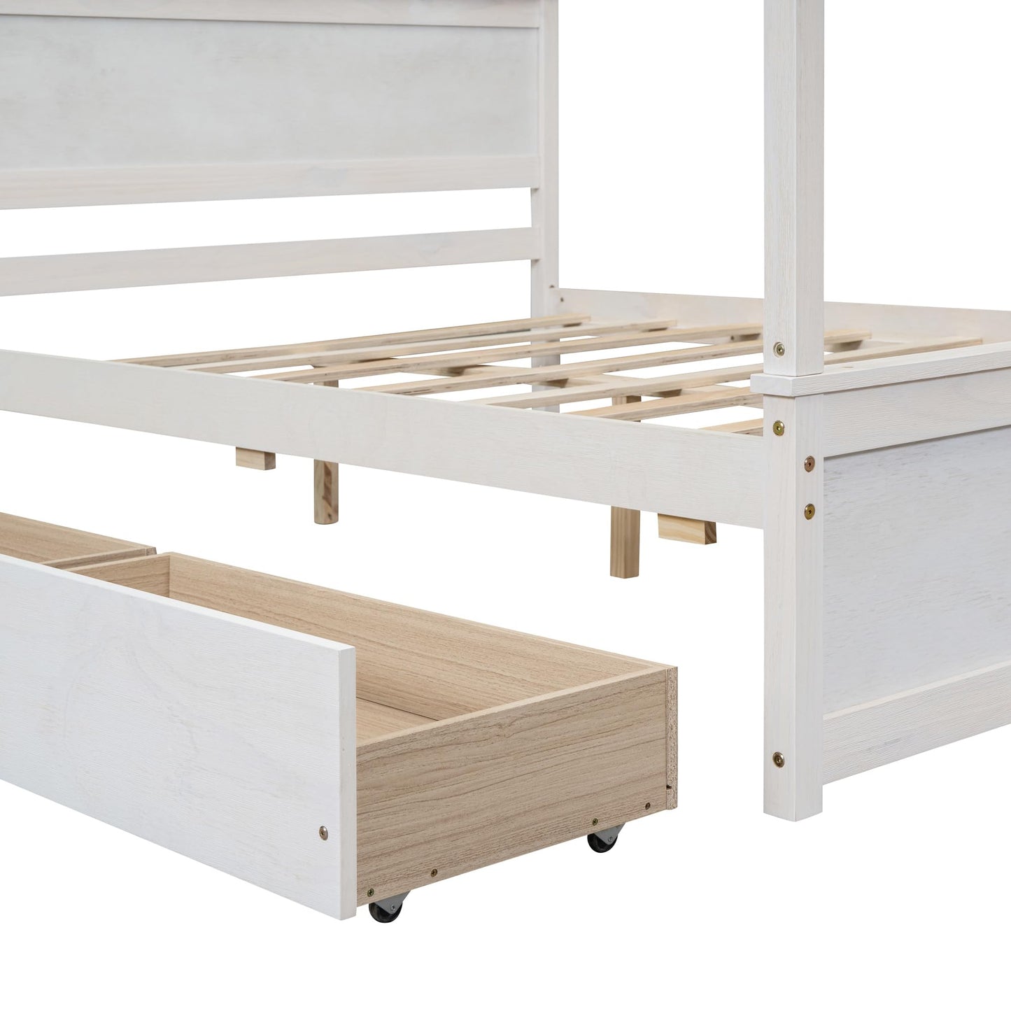 Merax Full Size Canopy Platform Bed with 2 Drawers, Wooden Bed Frame with Support Slats, No Box Spring Needed, Brushed White