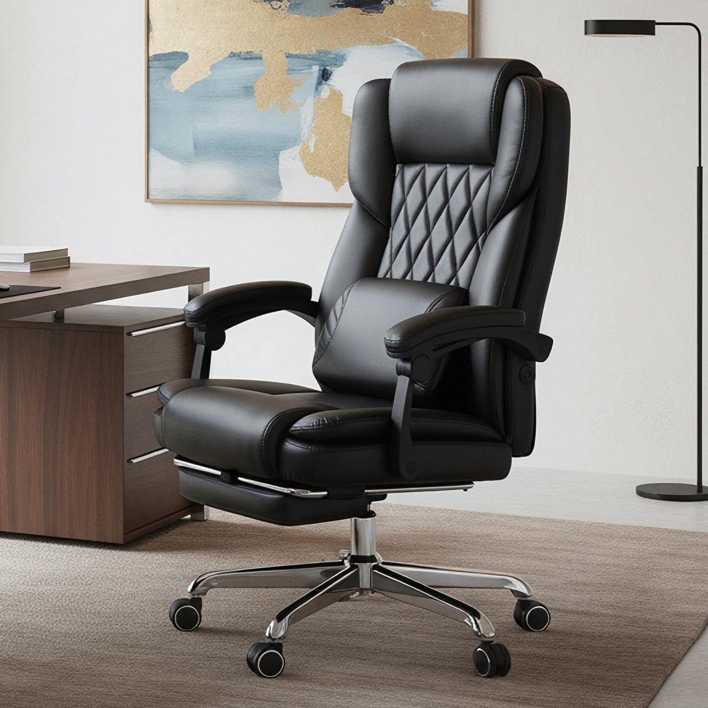 Massage Office Chair with Footrest, High Back Executive Chair, Ergonomic Desk Chair with Removable Pillow, 2 Lumbar Massage Points, Reclining, Leather Computer Chair, Black
