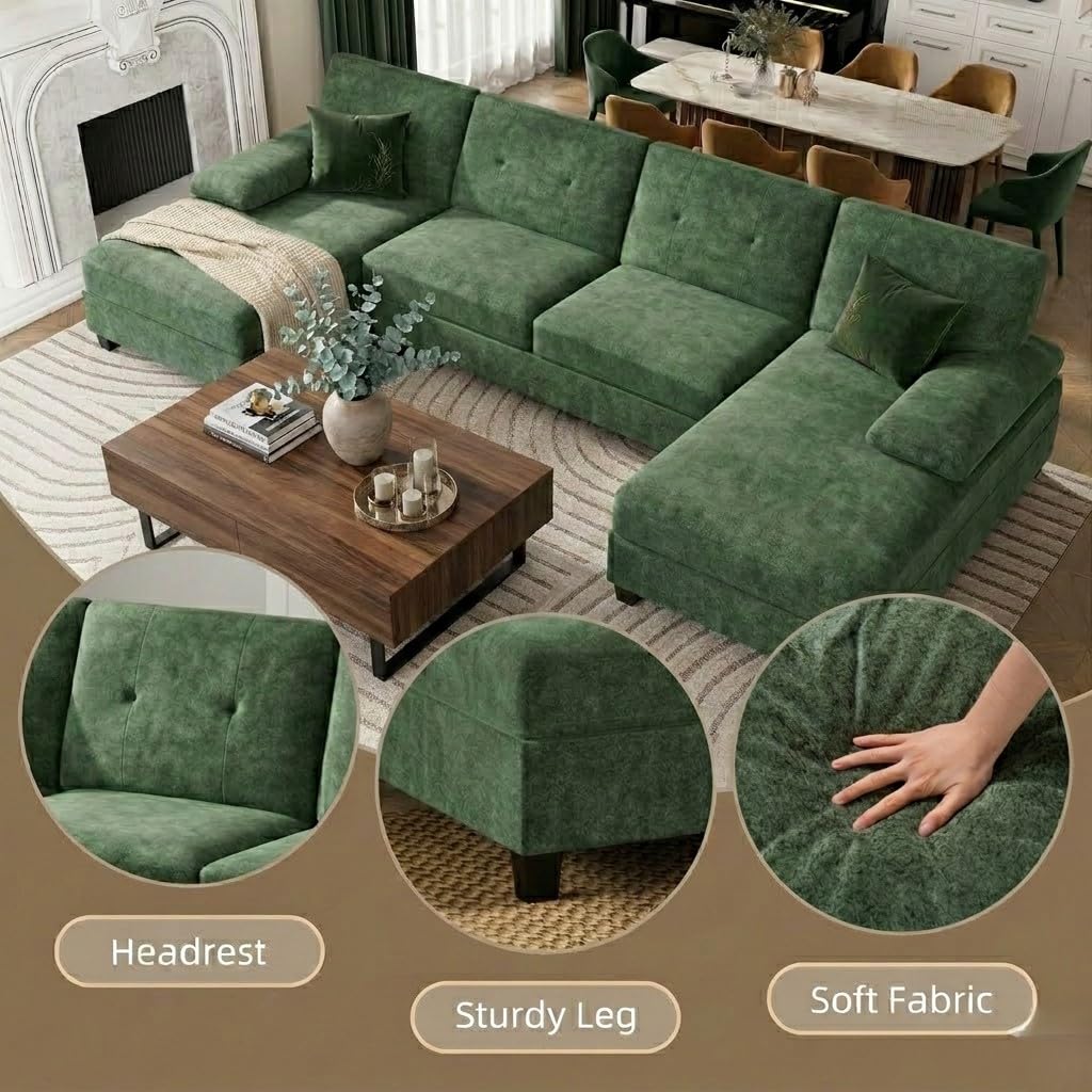 U-Shaped Sectional Couches for Living Room, 4 Seat Sofa with Double Chaise Lounges,Solid Wood Frame Sectional Sofa for Apartment,Green