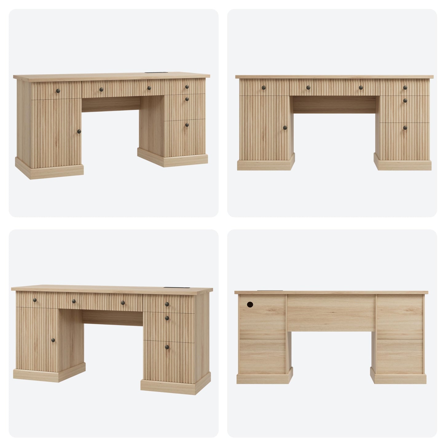 Garvee 60" Office Desk with Storage & Drawers. Fluted Wood Computer Desk with Power Outlet & Adjustable Shelves.Modern Executive Desk for Home Office/Bedroom/Gaming-Burlywood