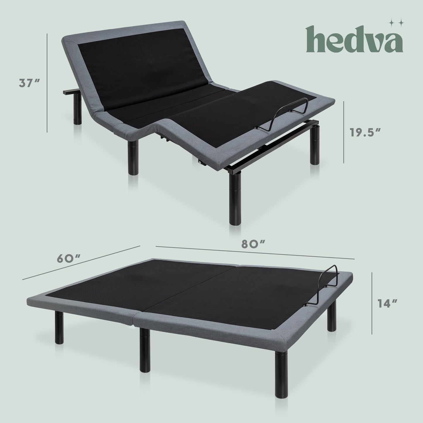 Hedva Queen Adjustable Bed Frame, Head & Foot Incline, Zero Gravity, Massage, Anti-Snore, 4 USB Ports, LED Under-Bed Light, Easy 5 Min Assembly, Wireless Remote (Black)
