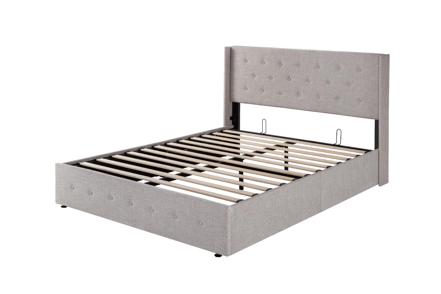 SHA CERLIN Queen Size Lift Up Storage Bed Frame,Button Tufted Wingback Headboard,Upholstered Platform,Hydraulic Storage,Wooden Slat Support,No Box Spring,Light Beige