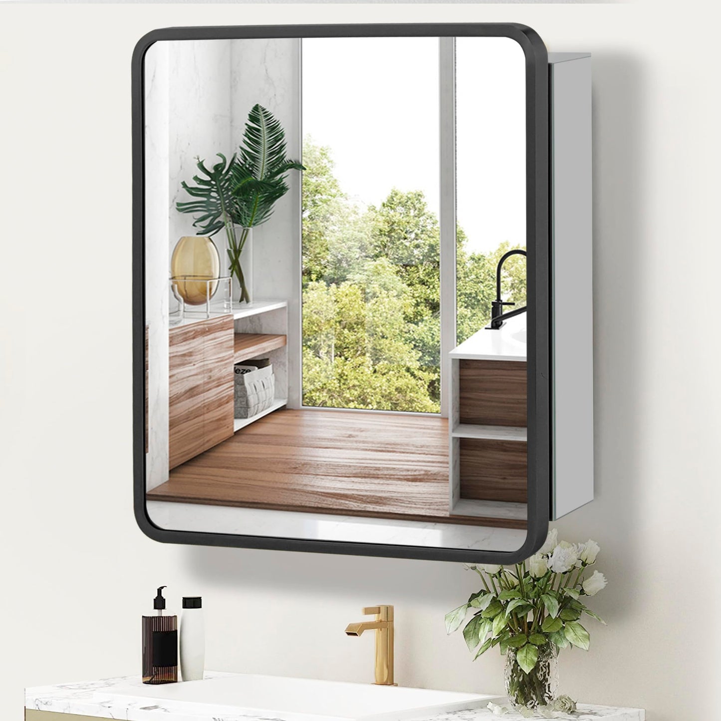 Movo 24 inch X 22 inch Medicine Cabinet with Mirror,Black Medicine Cabinets for Bathroom,Adjustable Glass Shelves, Waterproof and Rust-Resist,Recessed or Surface Mount Medicine Cabinet