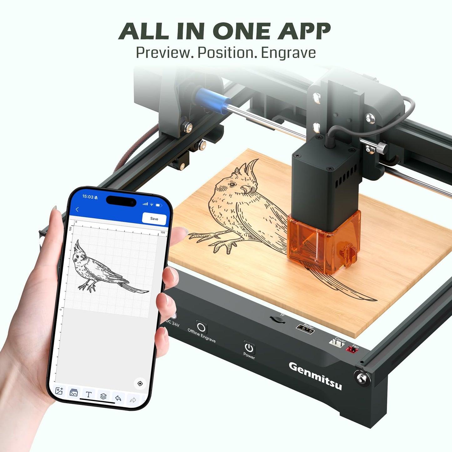 Genmitsu Laser Engraver Kortek 10W 10000mW, Desktop Laser Cutter, Wireless APP Support, ±0.01mm High Precision, Portable Laser Engraving Machine for DIY Wood Acrylic Leather Metal Fiber, Safety Class1