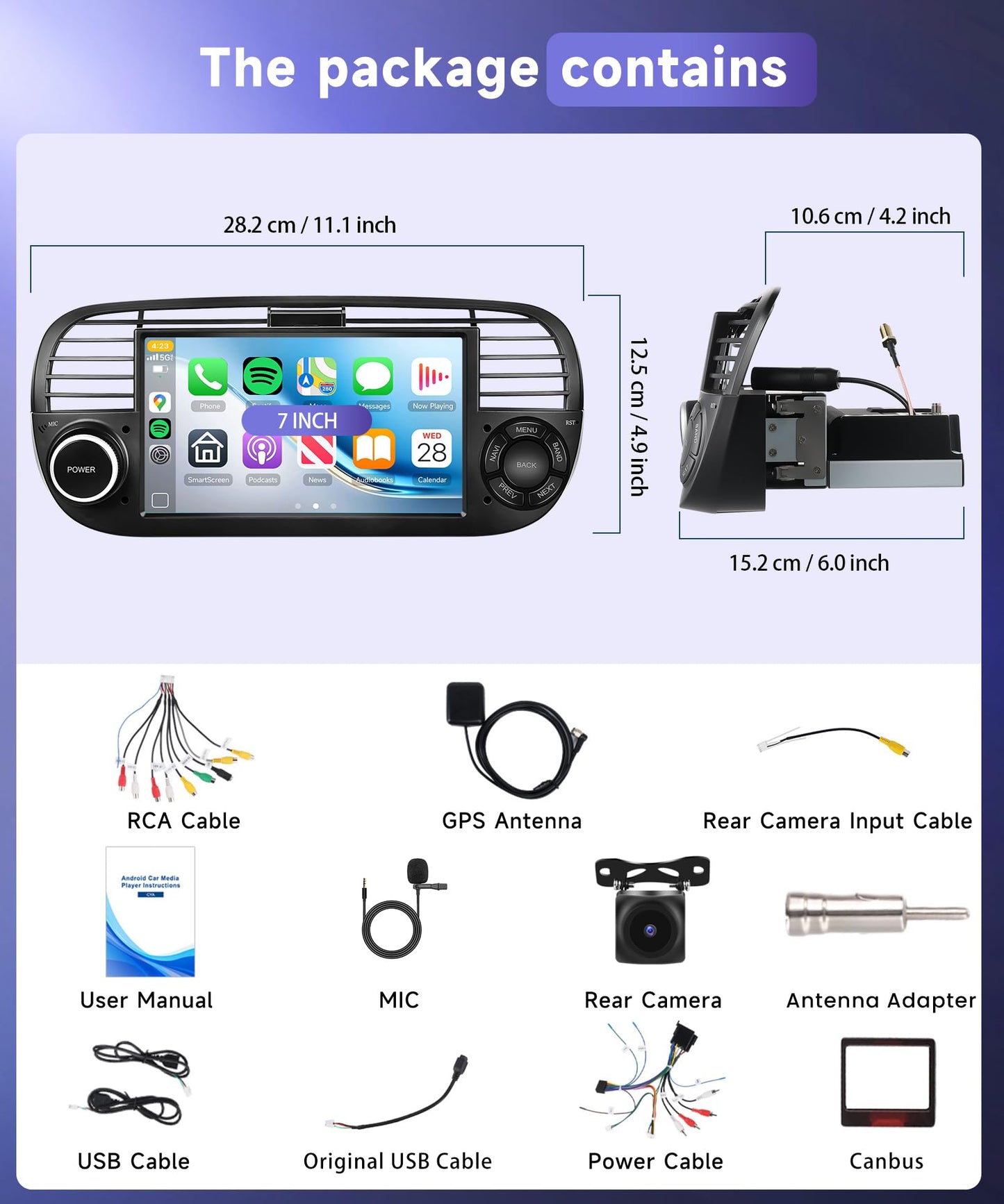 DSP 8Core 4+64G Radio for Fiat 500 2007-2015 Car Stereo with Wireless Carplay Android Auto,7inch 1280X720P IPS Touch Screen,5Ghz WiFi,63UIs,Built-in GPS,5.0Bluetooth,FM/RDS,SWC Backup Camera