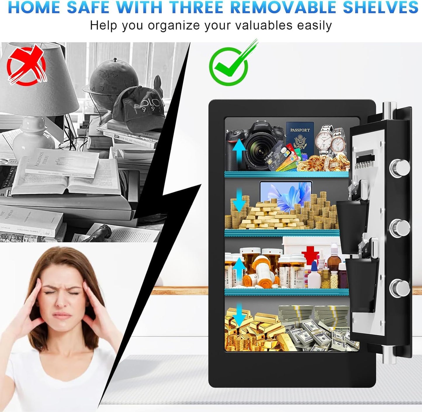 23.62'' Tall Large Biometric Fireproof Safe, Heavy Duty Quick-Access Fingerprint Safe Box with Fireproof Document Bag, 3 Removable Shelves, Dual Alert, Security Digital Safes for Home Office Use