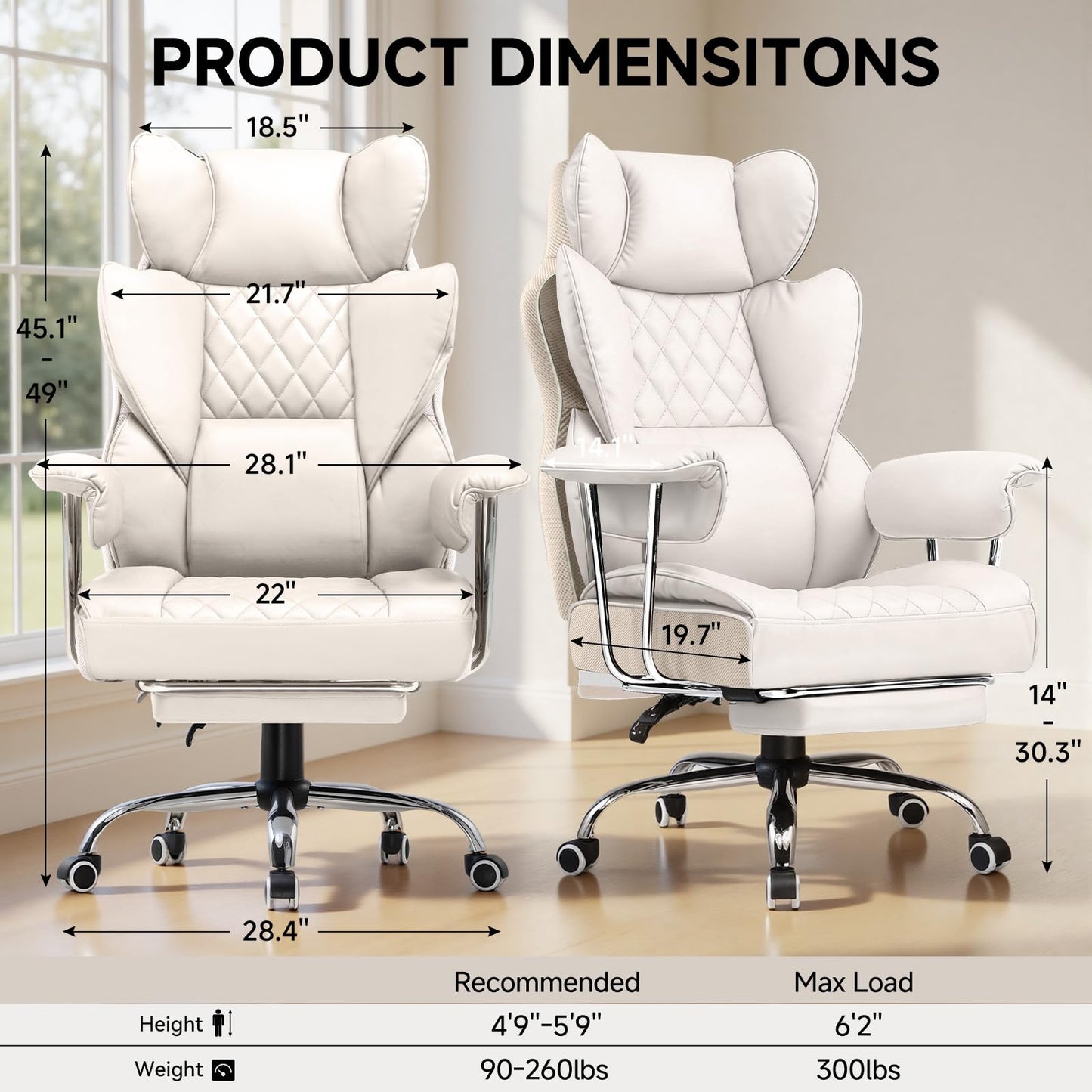 COMHOMA Big and Tall Office Chair, High Back Leather Gaming Chair with Footrest, Executive Ergonomic Office Chairs with Pocket Spring Lumbar Support and with Outward Fixed Soft Armrests
