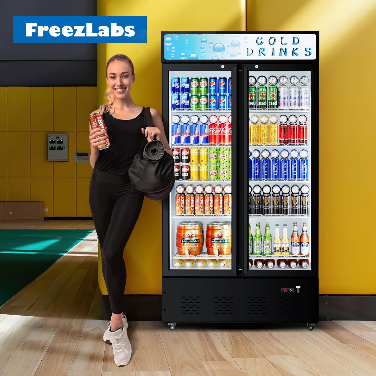 FreezLabs Commercial Display Refrigerator Glass Door 30 cu.ft Cooler Commercial Beverage Refrigerators with LED and 10 Shelves for Cafe, Restaurant, Store