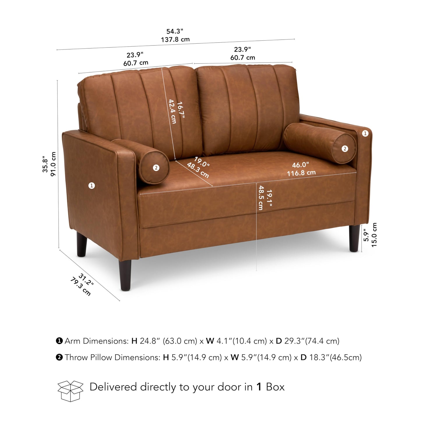 Bush Home 54-inch Loveseat, Living Room Furniture, Max Collection, Buffed Camel Vegan Leather