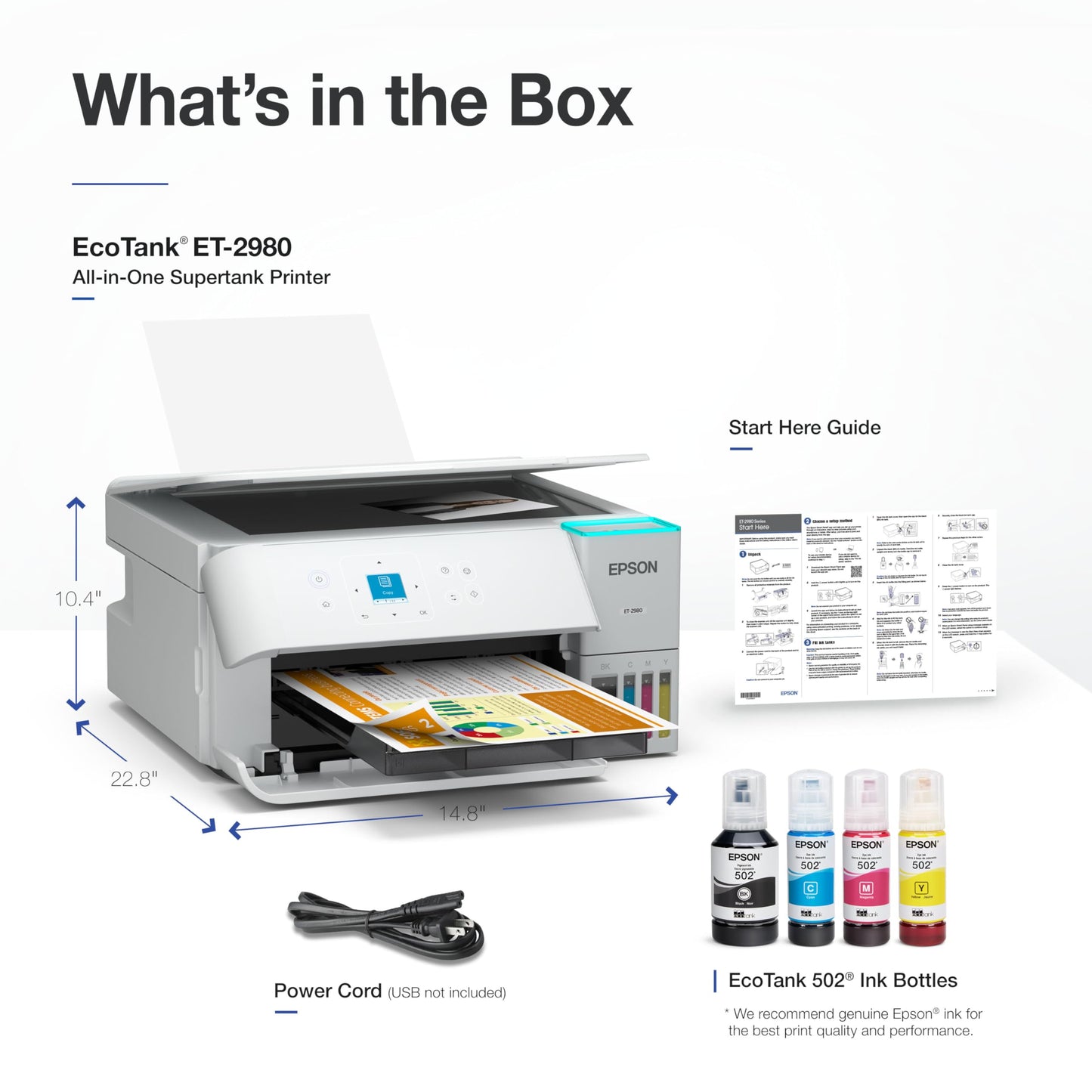 Epson EcoTank ET-2980 Wireless All-in-One Color Supertank Printer with Refillable Ink Tanks, 3 Years of Ink, Mobile Printing, 15 PPM, Color Touchscreen, Auto 2-Sided, White