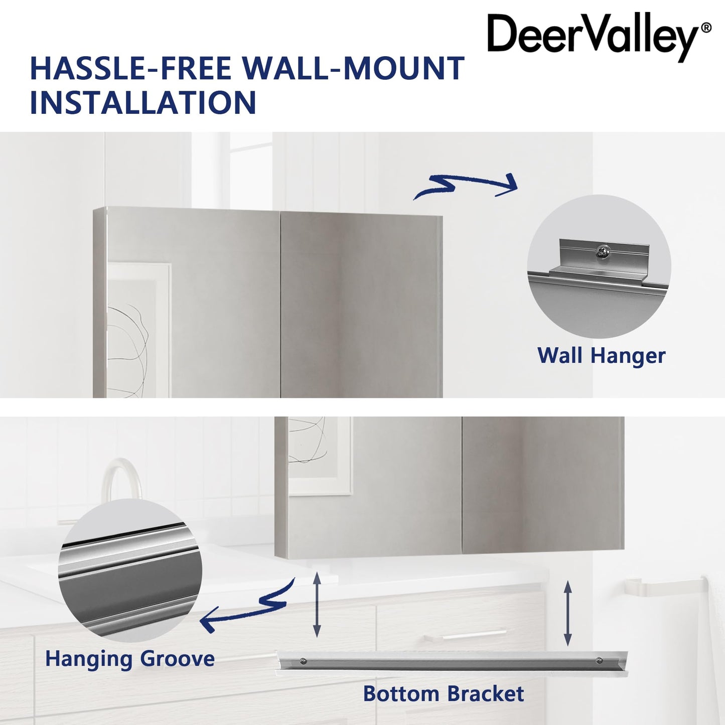 DeerValley Medicine Cabinet with Mirror, 30" W x 26" H Bathroom Mirror with Storage, Frameless Modern Wall Mount Mirrored Medicine Cabinets with Adjustable Shelf