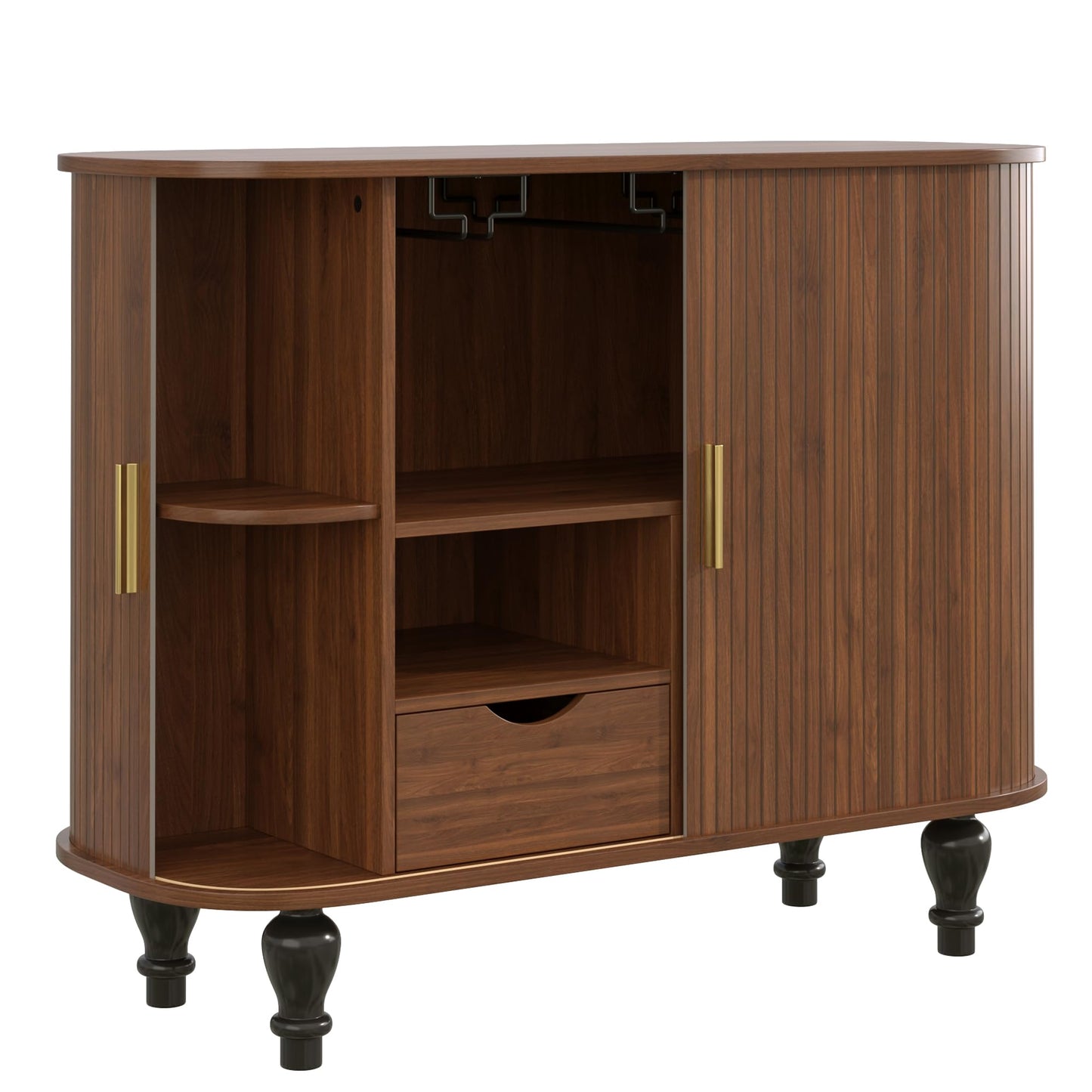 Merax Coffee & Liquor Bar Cabinet 39" with Wine Racks Glass Holders Large Drawer Hidden Side Storage Mid-Century Modern Farmhouse Sideboard, Walnut