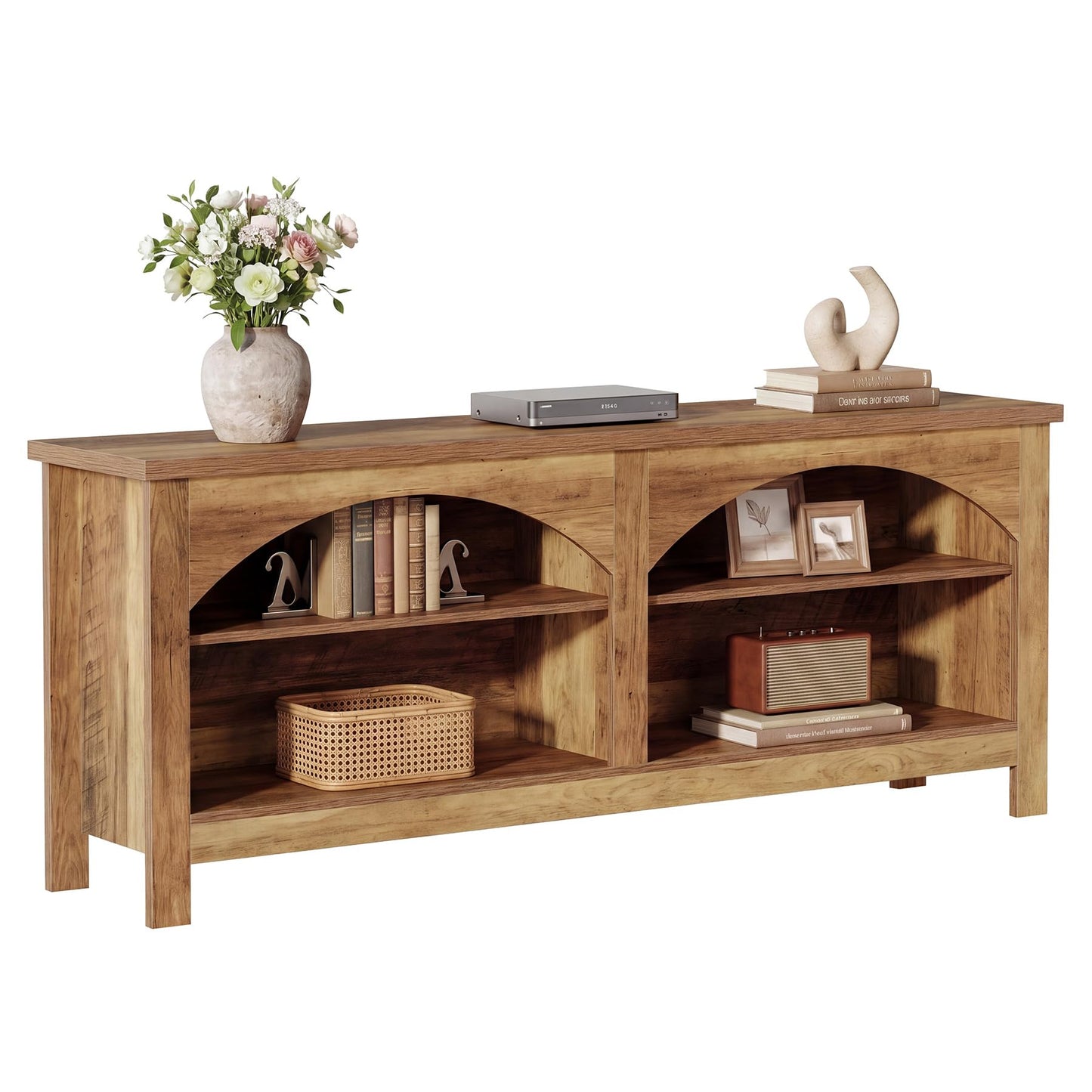Tribesigns 63 Inch TV Stand for TVs Up to 70", Farmhouse Entertainment Center with Adjustable Shelves, Cable Management Holes & Arched Open Storage, Wooden Media Console Cabinet, Rustic Brown