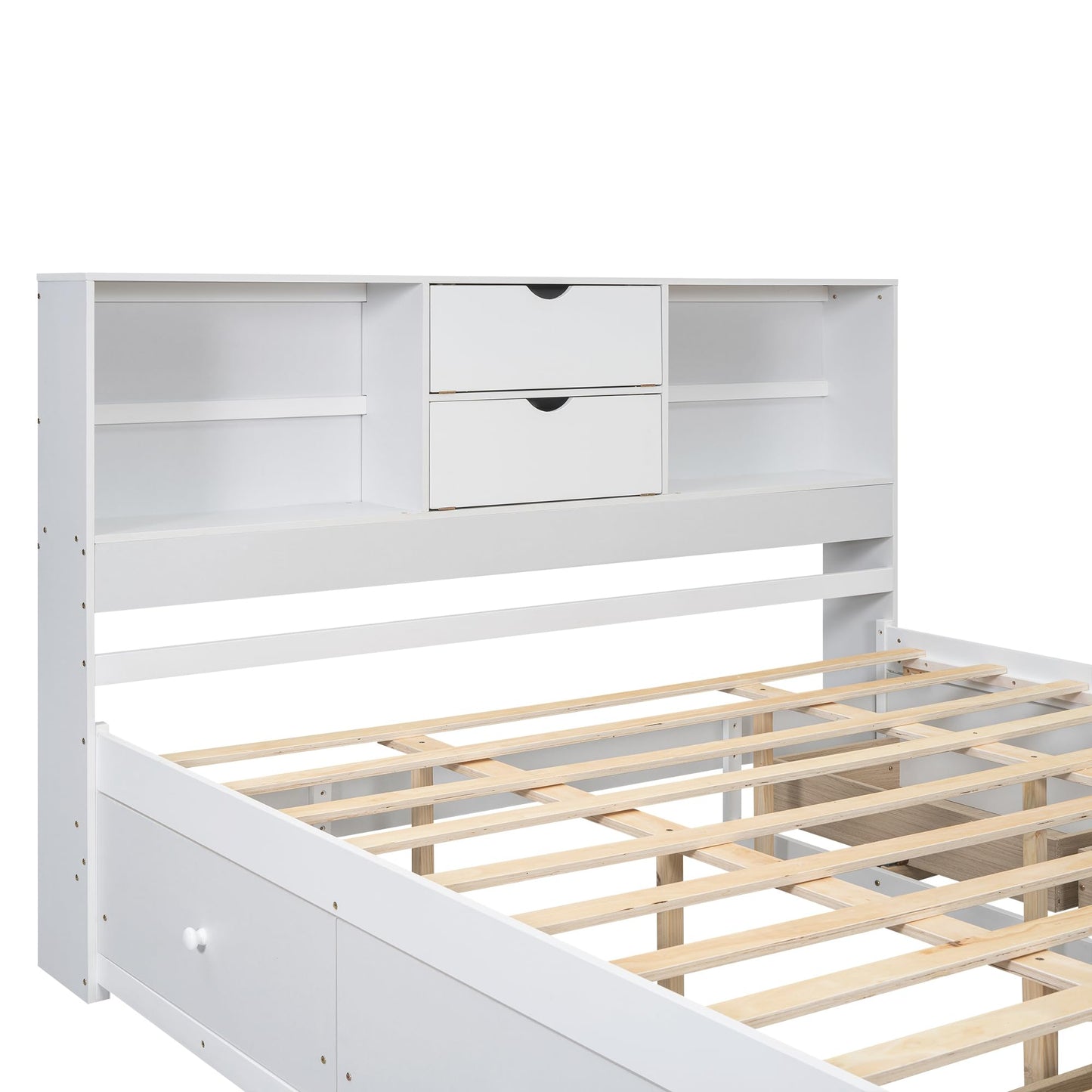 Merax Queen Size Bed Frame with Storage Headboard and 8 Drawers, Solid Wood Platform Bed, White
