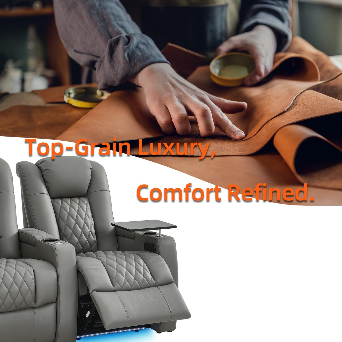 comfiroom Leather Home Theater Seating, Classic Series Dual Power Electric Headrest Game Seats Movie Theater Chairs Recliner Sofa with Type-C USB Charger (Grey, Row of 3)