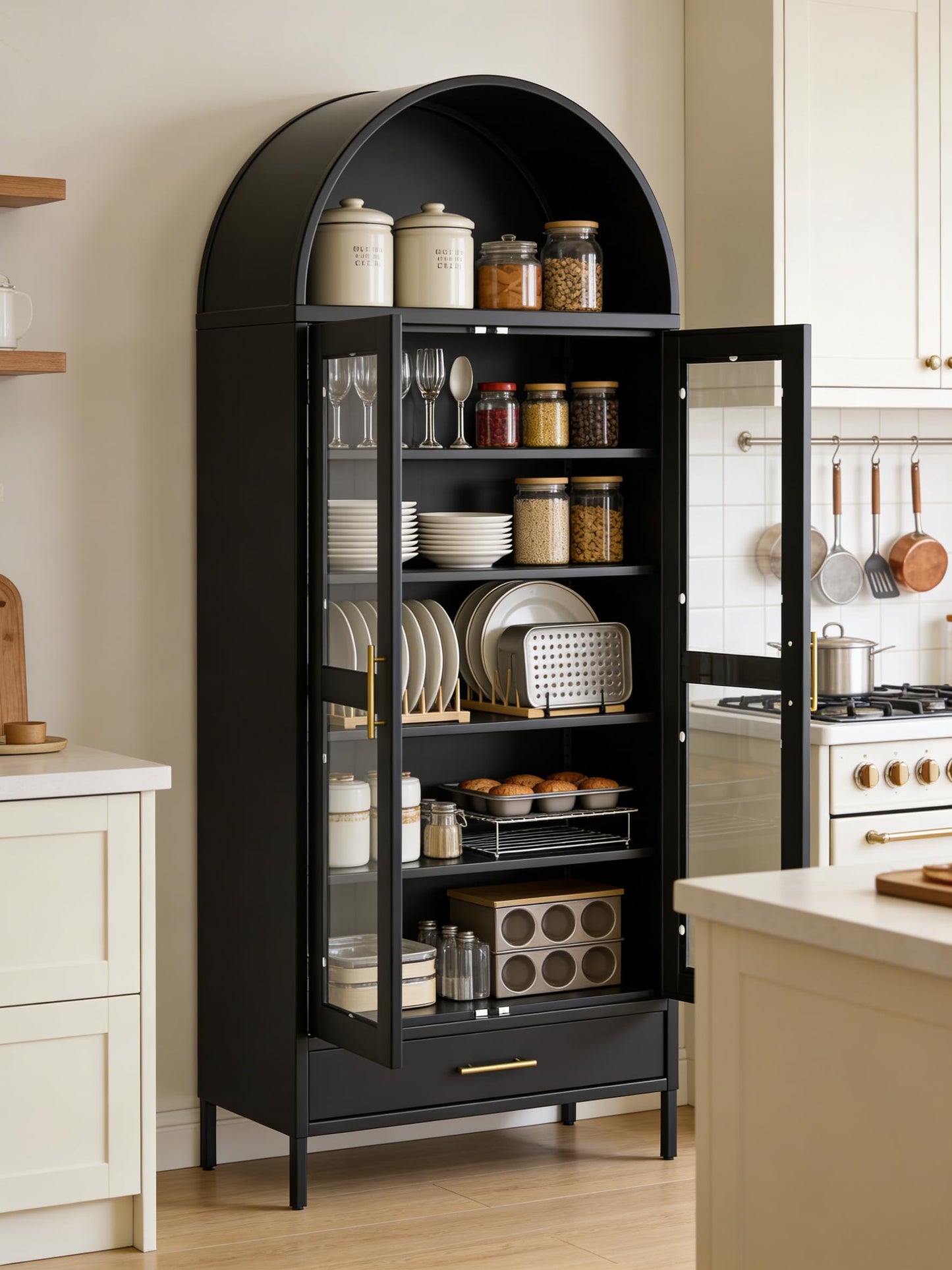 IDEALHOUSE 73" Tall Arched Metal Storage Cabinet with Glass Doors and Drawer, Freestanding Pantry Cabinet, Adjustable Shelves, Modern Display Bookshelf for Living Room, Dining Room, Kitchen, Black