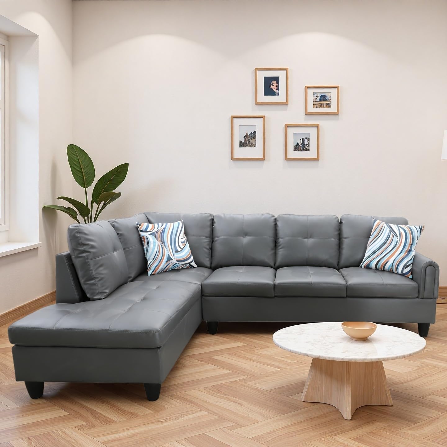 Trygoal Modern L-Shaped Sectional Sofa with Chaise Lounge, 4-Seater Leather Couch with High-Density Foam Cushions, for Living Room, Apartment, Studio, Easy Assembly, Dark Grey