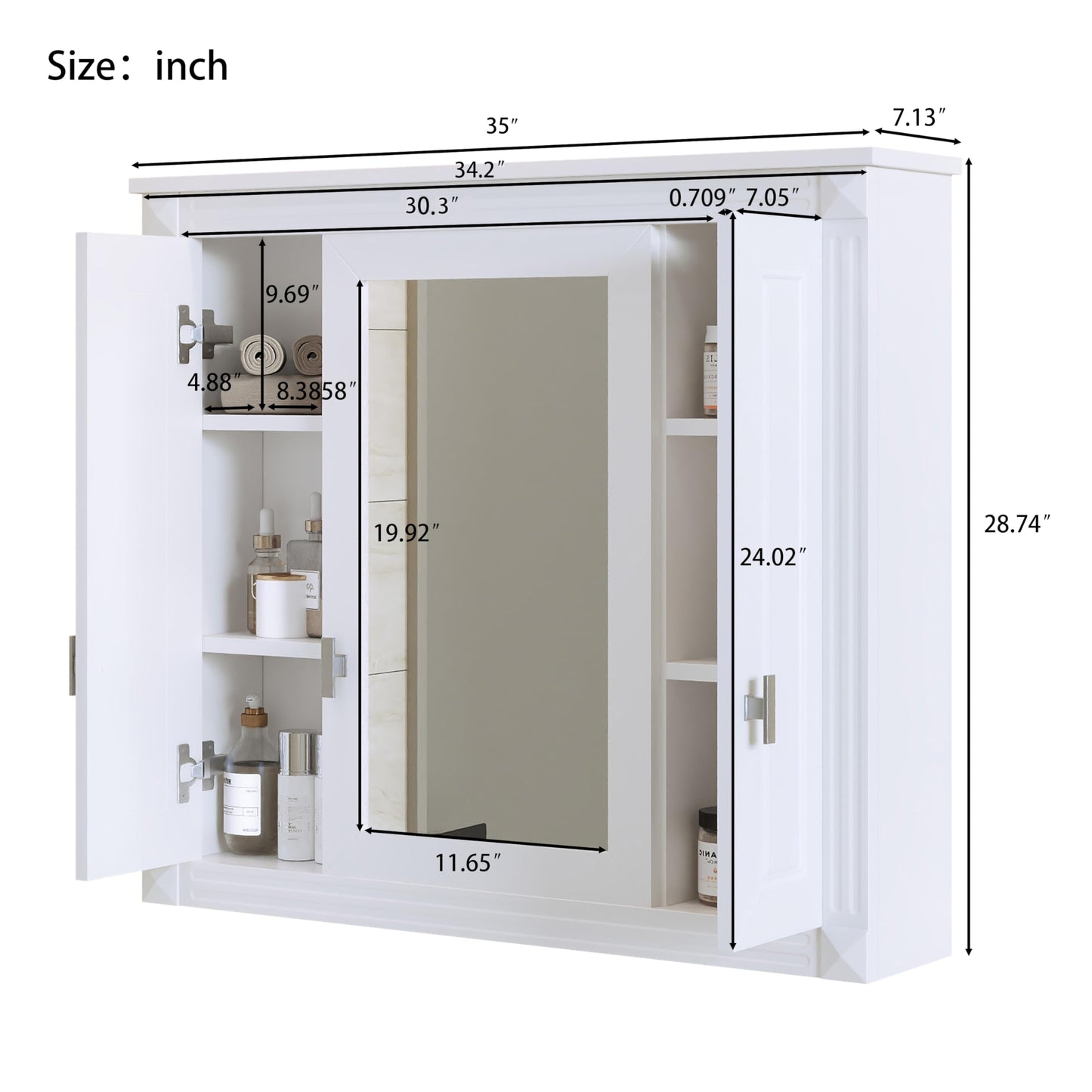 Merax Wall Mounted Bathroom Medicine Cabinet with Mirror, Bathroom Wall Cabinet with Doors and Shelves, 35" x 29" Mirrored Door Over Toilet Storage Cabinet, White