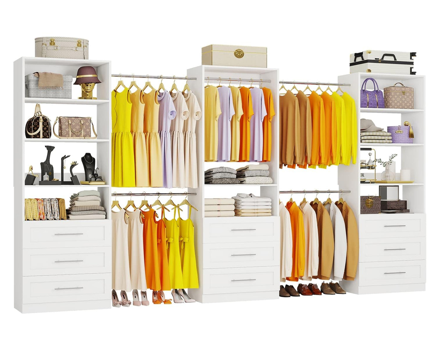 Closet System with 3 Sets, 6–20 FT Closet System with 9 Drawers, 9 Shelves & 7 Adjustable Hanging Rods, Max 244.3" Closet Organizer Systems for Walk-in Closets, Modular Custom Closet Tower, White