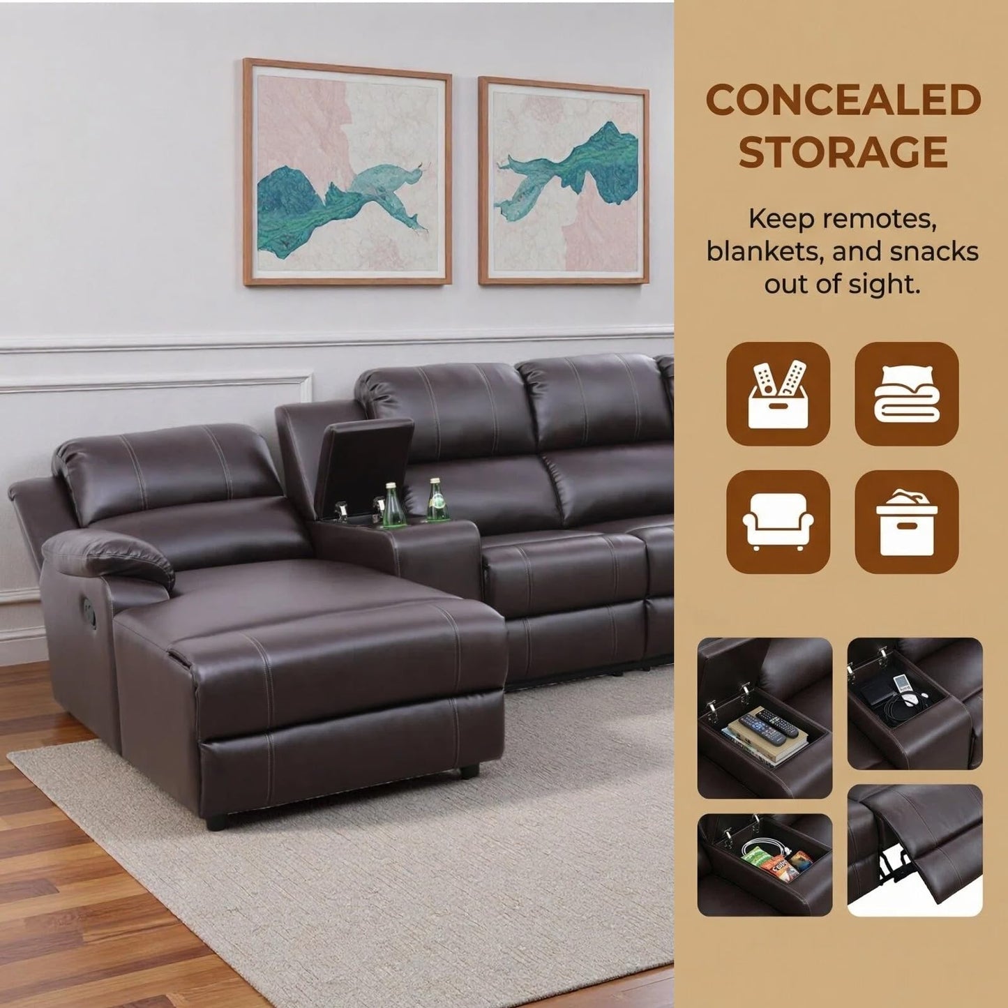 Trygoal Manual Recliner Sofa Set, Breathable Leather 4-Piece Reclining Couch Set, Living Room Furniture Set with Manual Recliners, Loveseat with Console, Cup Holders & Storage for Home Theater, Brown