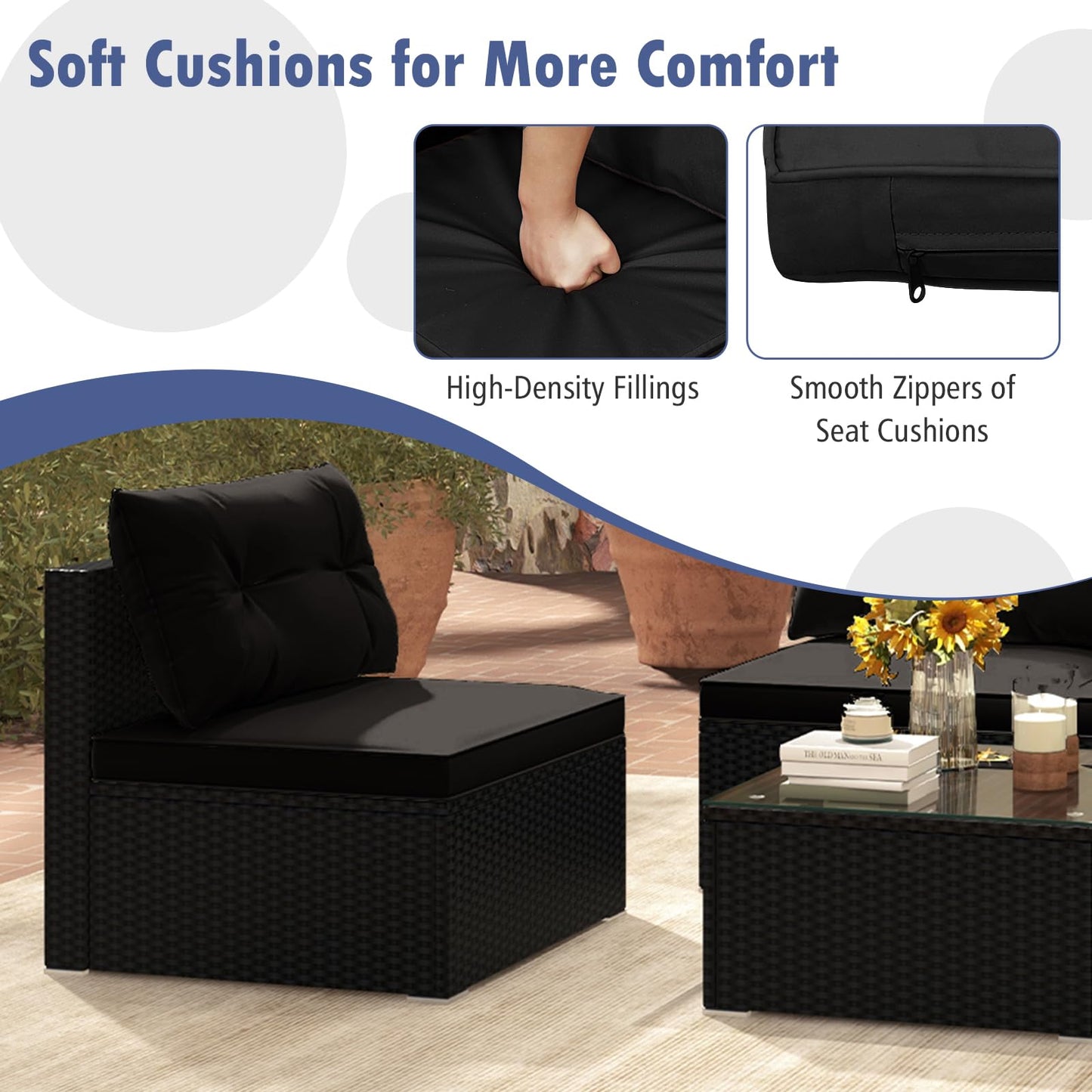 Tangkula 5 Piece Rattan Sofa Set, Outdoor Wicker Furniture Set w/Seat & Back Cushions, Square Coffee Table, Patio Sectional Sofa Set for Backyard, Poolside, Garden (Black)