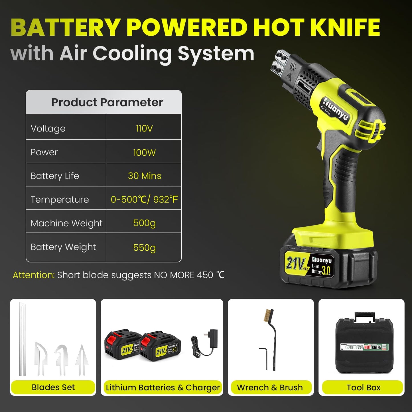 Huanyu Cordless Hot Knife with Temp. Display 100W Max 500℃ 3.0Ah Battery Powered Air Cooling Cutting Tool 4 Blades Set Electric Hot Knife Foam Cutting Tool Craft Shears for Rope, Fabric, Acrylic