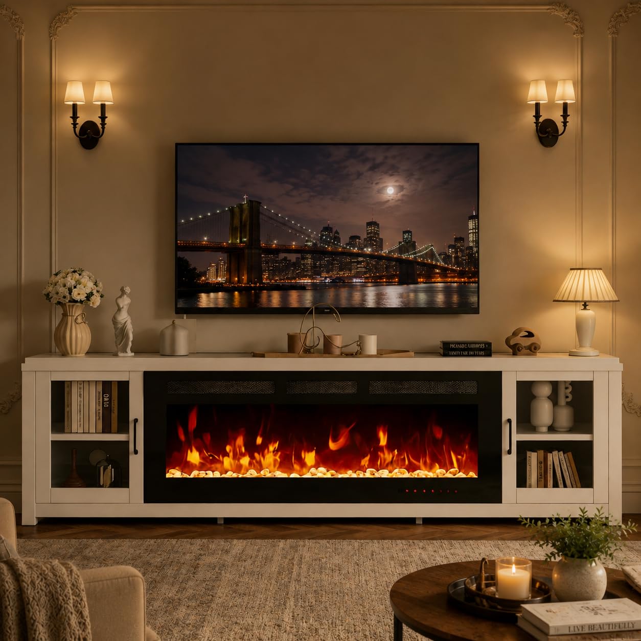 OneBlis 80" Fireplace TV Stand, Modern Entertainment Center with 50" Electric Fireplace, TV Console for Living Room, Fits TVs Up to 90", White & Black