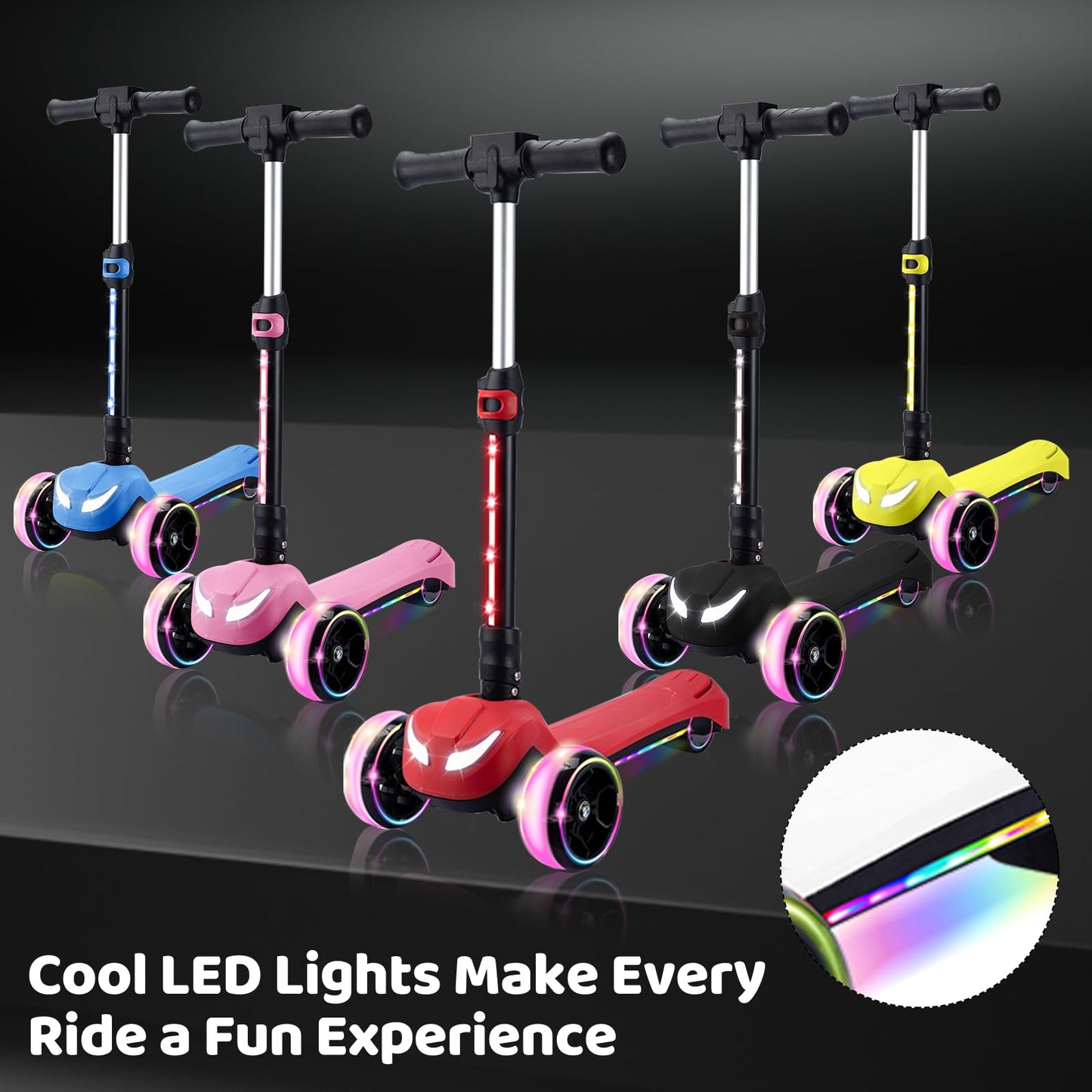 Kids Electric Scooter w/LCD Screen, Bluetooth Music, Light-Up Stem Deck & Wheels, Thumb Throttle, 3 Adjustable Heights, 150W Powerful Motor, Foldable 3 Wheel Electric Scooter for Kids Boys Girls, Red