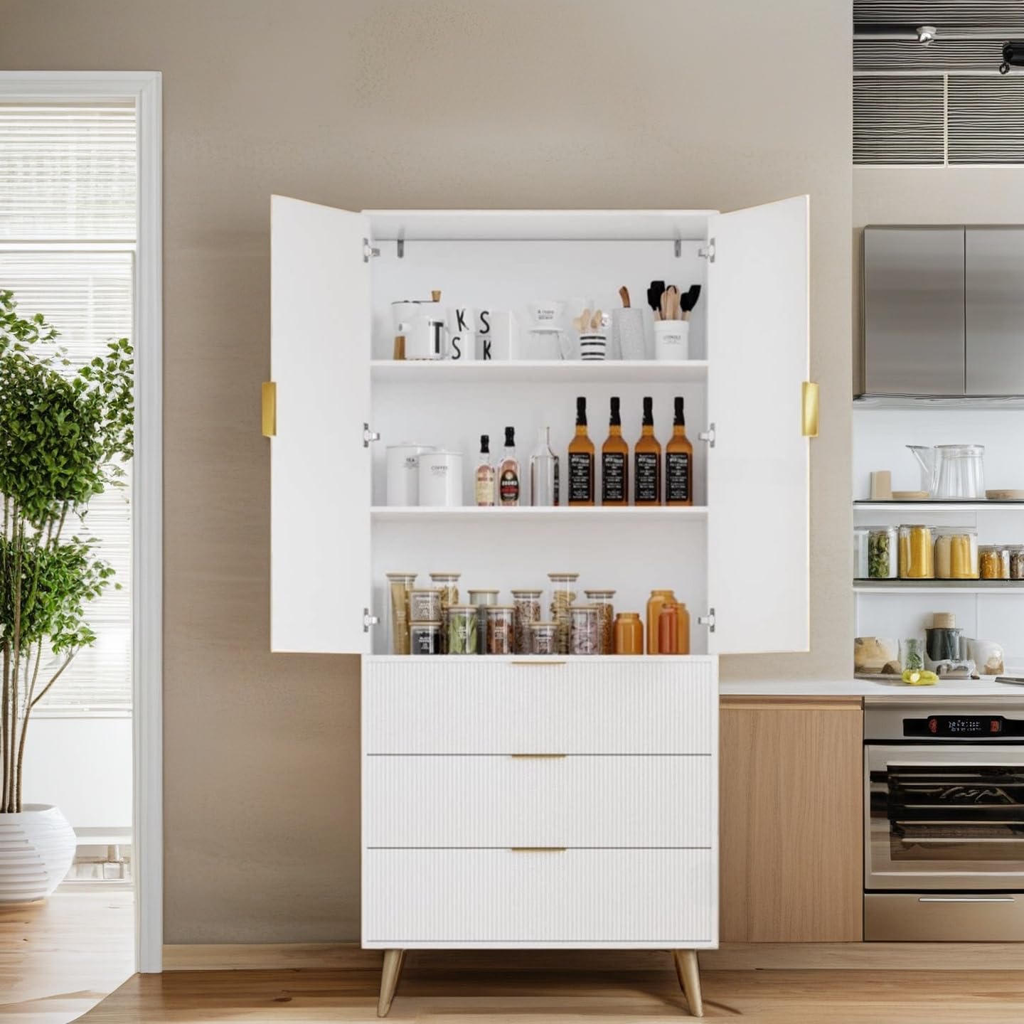 Topcomfy Tall Fluted Cabinet, Kitchen Pantry Cabinet with 2 Doors, Wood Cupboard with Adjustable Shelves, Mid Century Modern Cabinet for Living Room, Dining Room, Entryway, Office, White