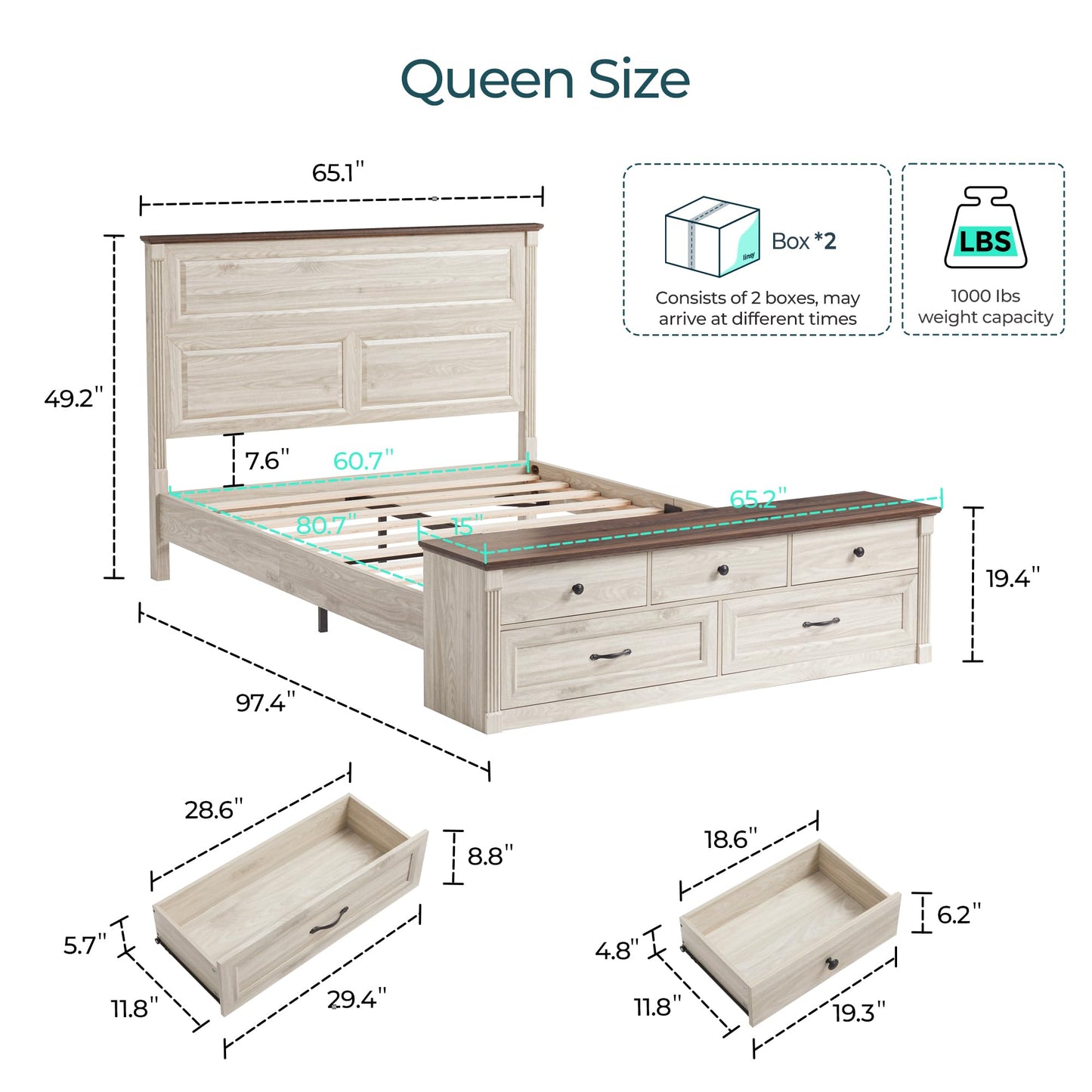 LINSY Storage Bed Frame Queen Bedframe with Drawers, Farmhouse Bed Frame Queen-Size with Headboard and Footboard Bench, Tall Bed Frames Wooden Platform Beds with Storage, No Box Spring, Antique White