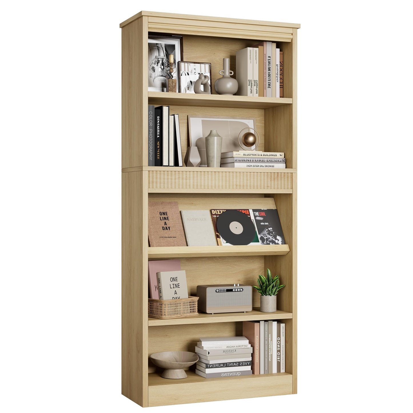 GarveeHome 71 in Farmhouse Bookcase w/Display Rack & Fluted Design, 5 Tier Tall Bookshelf with Wooden Base, Wood Bookshelf Vintage Book Shelf for Office Library (Nature, 71.5" H x 30.7" W x 11.9" D)