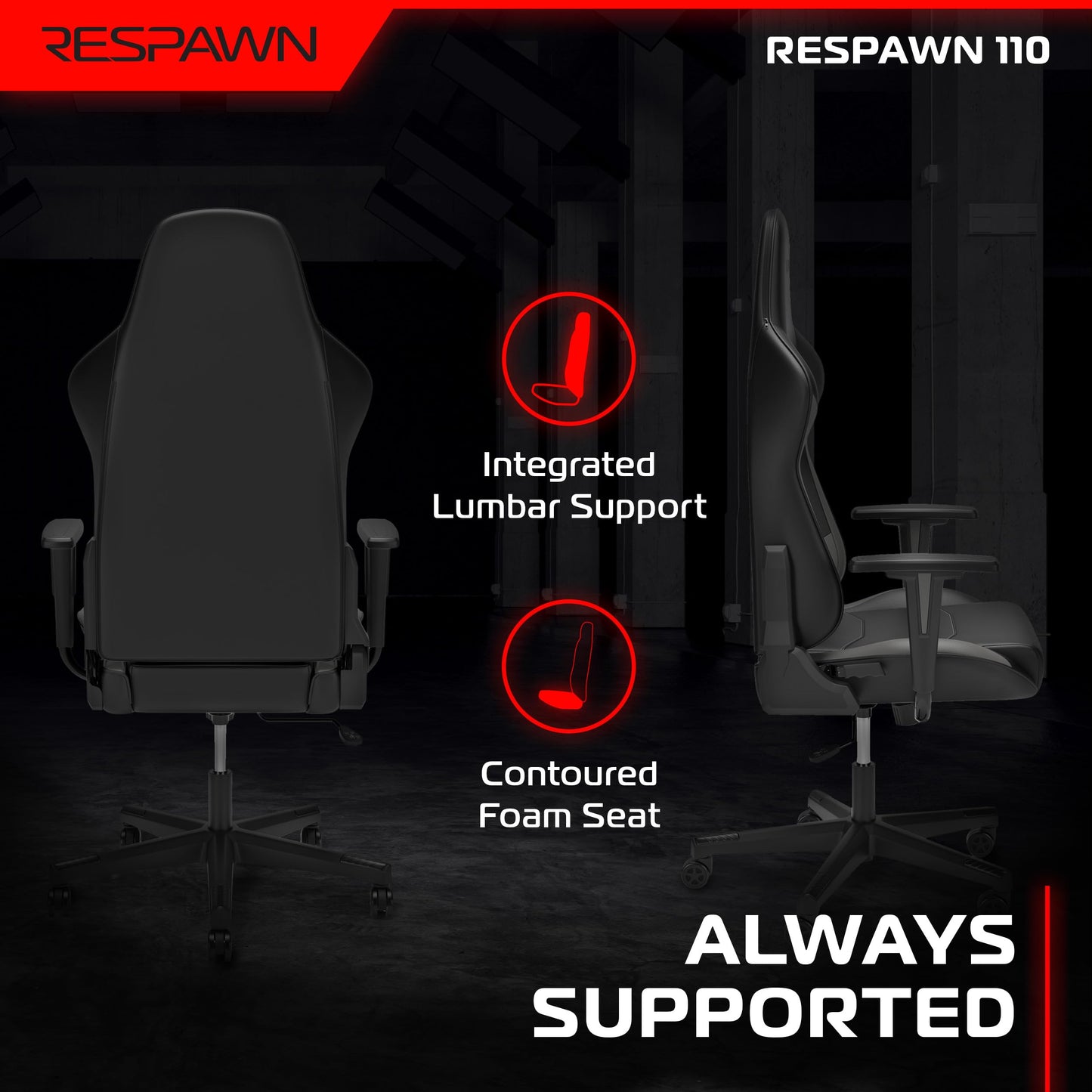 Respawn 110 Ergonomic Gaming Chair - Reclining Office Video Game Swivel Chair with Lumbar Support, Headrest, Heavy Duty, High Back, Racing Style Gaming Recliner Seat for Computer Gamer - Gray