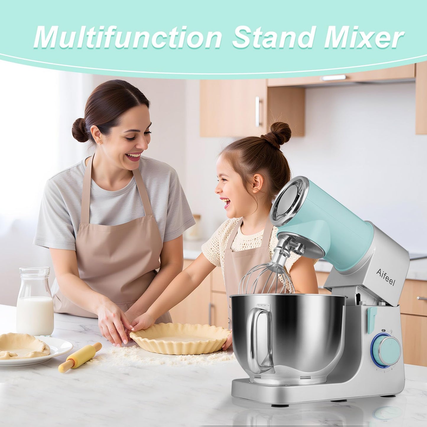 Aifeel Stand Mixer,6.5QT Tilt-Head Electric Stand Mixer,700W DC Motor with Low Noise,Kitchen Mixer with Dough Hook,Beater,Whisk,Dishwasher-Safe Attachments for Baking(Green/Silver)