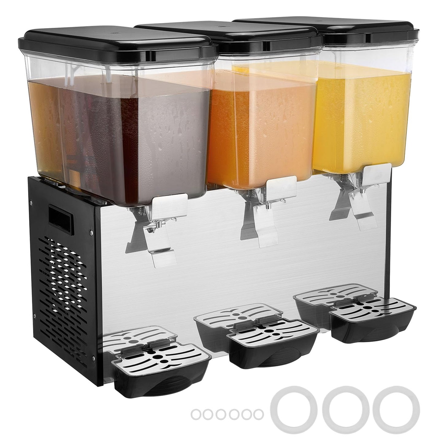 VEVOR Commercial Beverage Dispenser, 3 Tanks Juice Dispenser, 18 L / 19 QT Per Tank, 512W Stainless Steel Ice Tea Drink Machine with 45℉ to 54℉ Cooling Temp, for Cold Drink Restaurant Bar Party