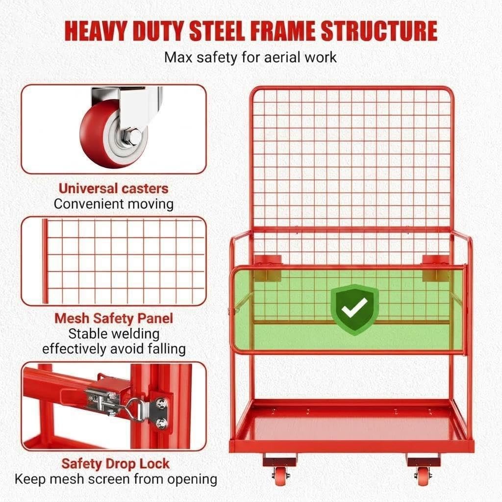 2200LBS Capacity 43"x45" Forklift Safety Cage with Swivel Wheels - Heavy Duty Forklift Man Basket with Safety Harness - Collapsible Lift Basket