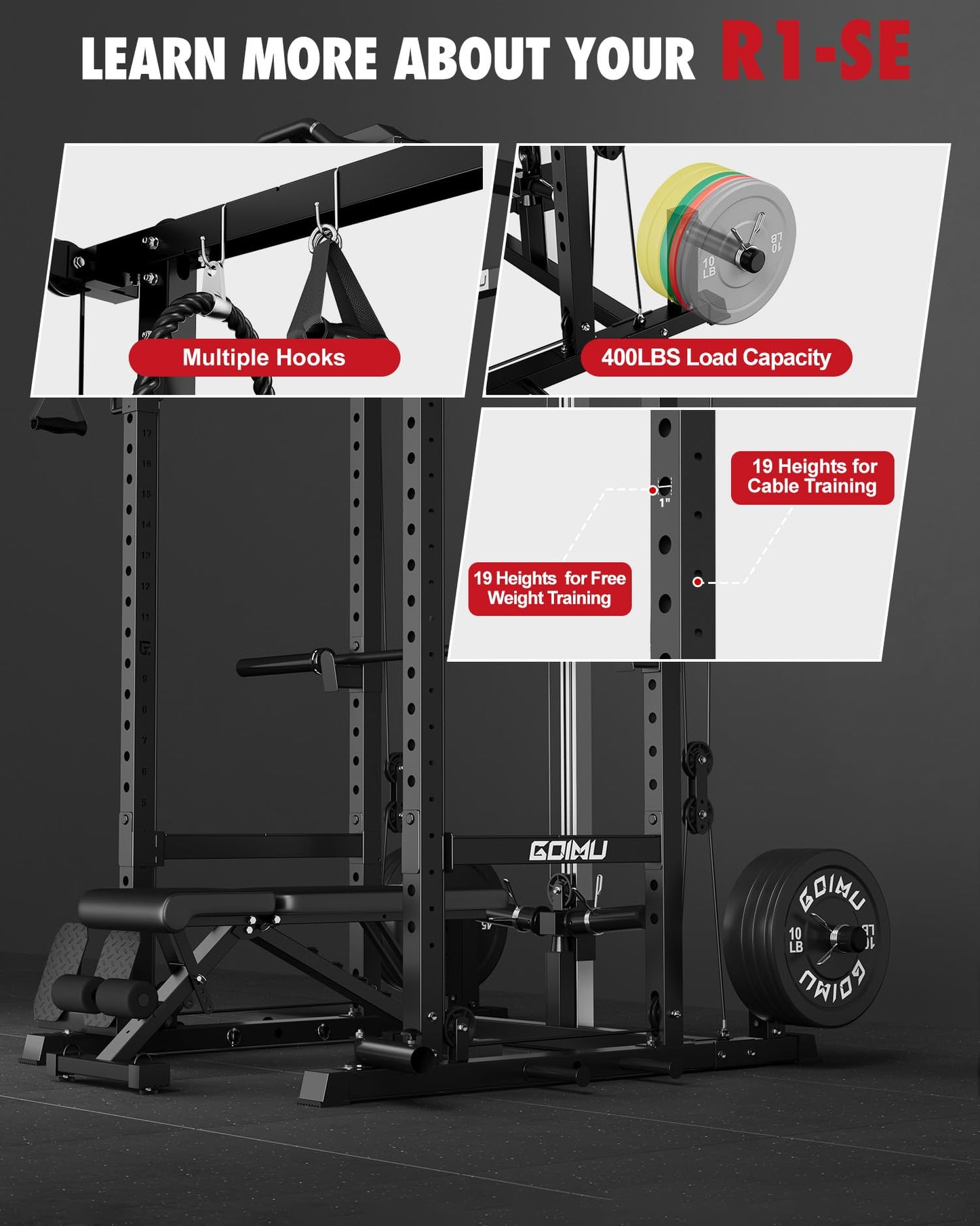 GOIMU RH01 Power Cage Rack, 2000LBS Squat Rack with with Cable Crossover System&LAT Pull Down System, Multi-Function Workout Cage for Home&Garage Gym (Black-SE, RH01 Power Cage)