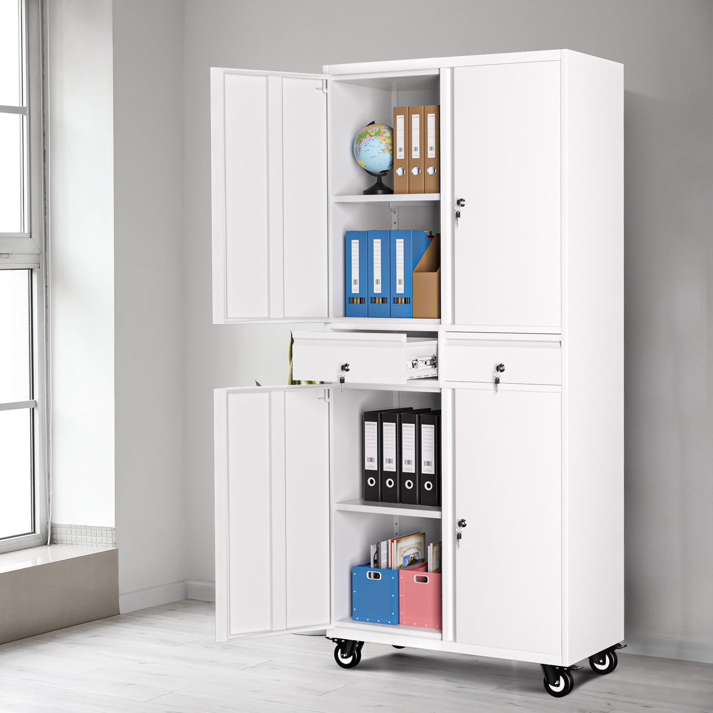 Metal Storage Cabinet with Wheels, 72” Rolling Garage Organizer with Locking Doors & 2 Drawers, Heavy Duty Steel Tool Cabinet with 3 Adjustable Shelves, Lockable Filing Cabinet for Home Office