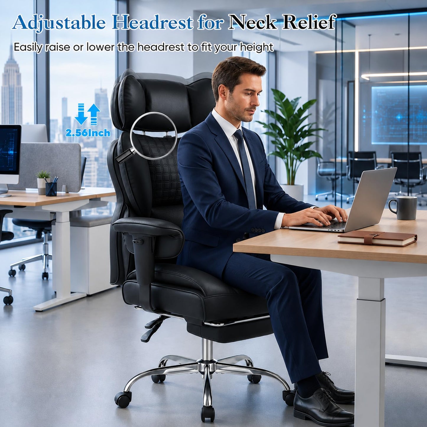 Big and Tall Office Chair 350 LBS, Scratch-Resistant PU Leather Executive Office Desk Chair with Footrest, Ergonomic Reclining Computer Chair with Pocket Spring Support for Home Office, Black