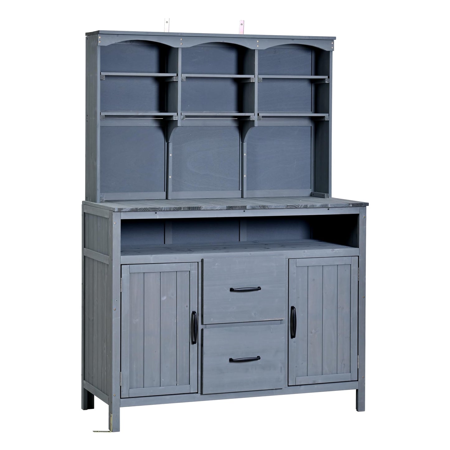 Merax 45.3" Large Outdoor Fir Wood Potting Bench with Storage, Multi-Functional Patio Kitchen Island with 6-Shelf Hutch+2 Cabinets+2 Drawers+3 Hooks, Garden Workstation for Planting, Gardening, Gray