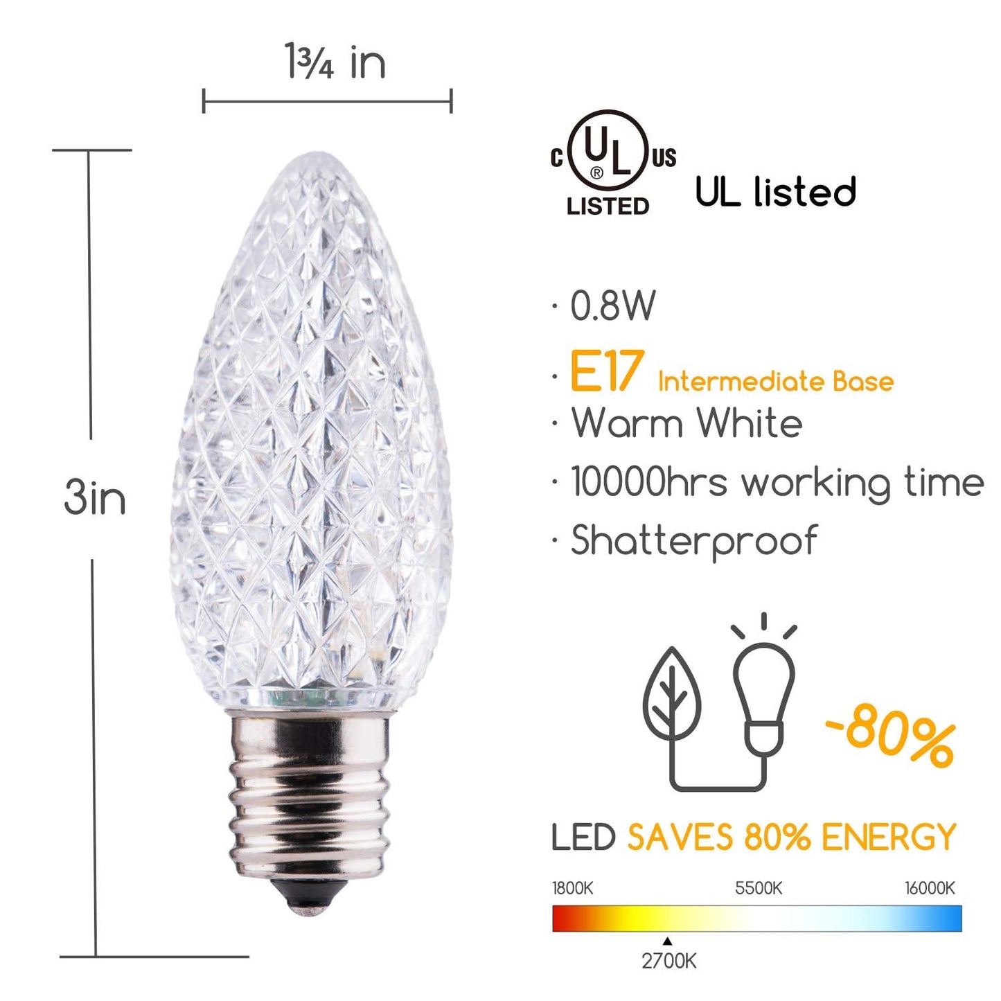 Minetom C9 LED Christmas Light Bulbs, Dimmable Warm White, 50 Pack, E17 Base for Indoor & Outdoor Holiday Decoration