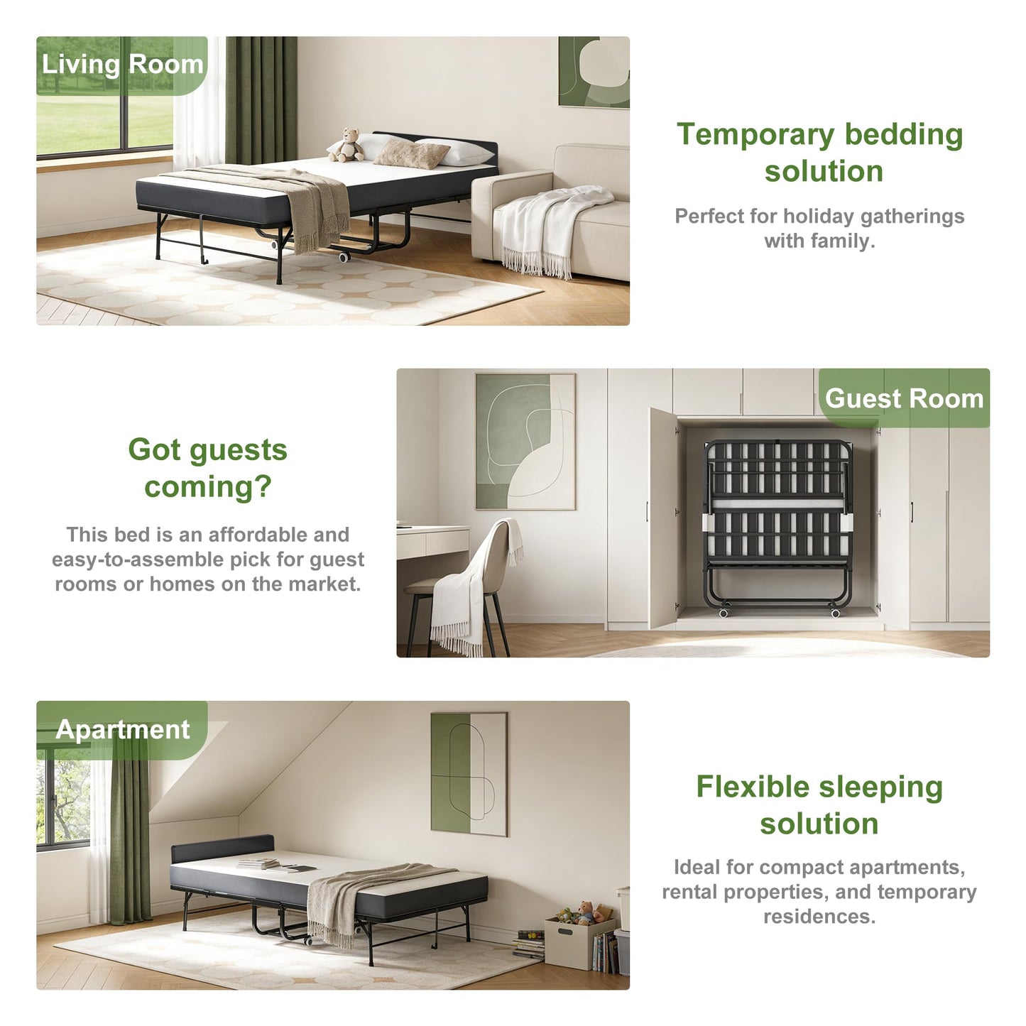 FLIXELIO Folding Bed with Mattress for Adults, 75" x 46" Rollaway Guest Bed with 5" Memory Foam and Adjustable Headboard, Heavy-Duty Steel Bed Frame Supports 500LBS, Foldable Bed with Lockable Wheels