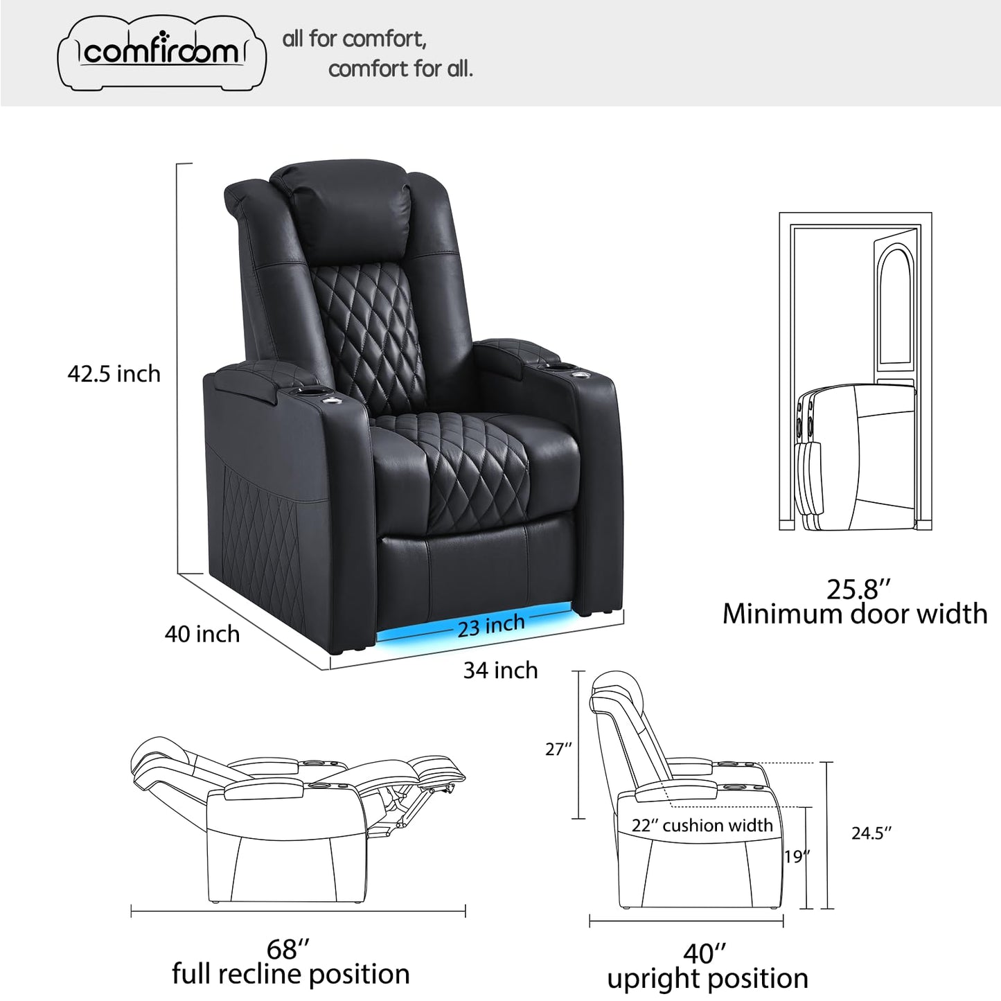comfiroom Leather Home Theater Seating, Classic Series Game Seats Movie Theater Chairs Recliner Sofa with Type-C USB Charger Port, Bedroom Sofa Chair for Living Room (Black, Row of 1)