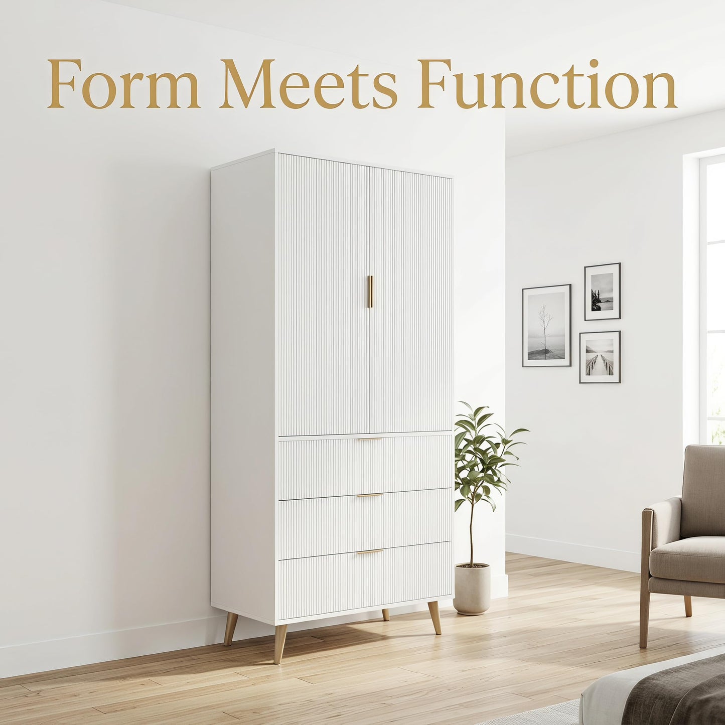 NicBex Tall Storage Cabinet, Kitchen Pantry Cabinet with Adjustable Shelves, Fluted Panel Design Wood Chest with 3 Drawers 2 Doors, Tall Home Cupboard for Living Room, Kitchen, White