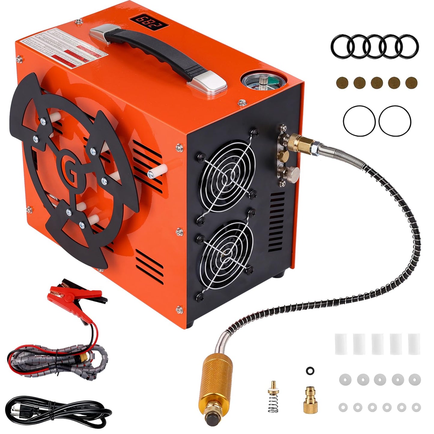PCP Air Compressor, 4500 PSI / 30 MPa, 350W Motor, Auto Stop, Built-in Adapter, 12V DC or 110V / 220V AC Power, Portable Water/Oil-Free Pump for Paintball, Air Rifle, Airguns, HPA Tanks, Orange