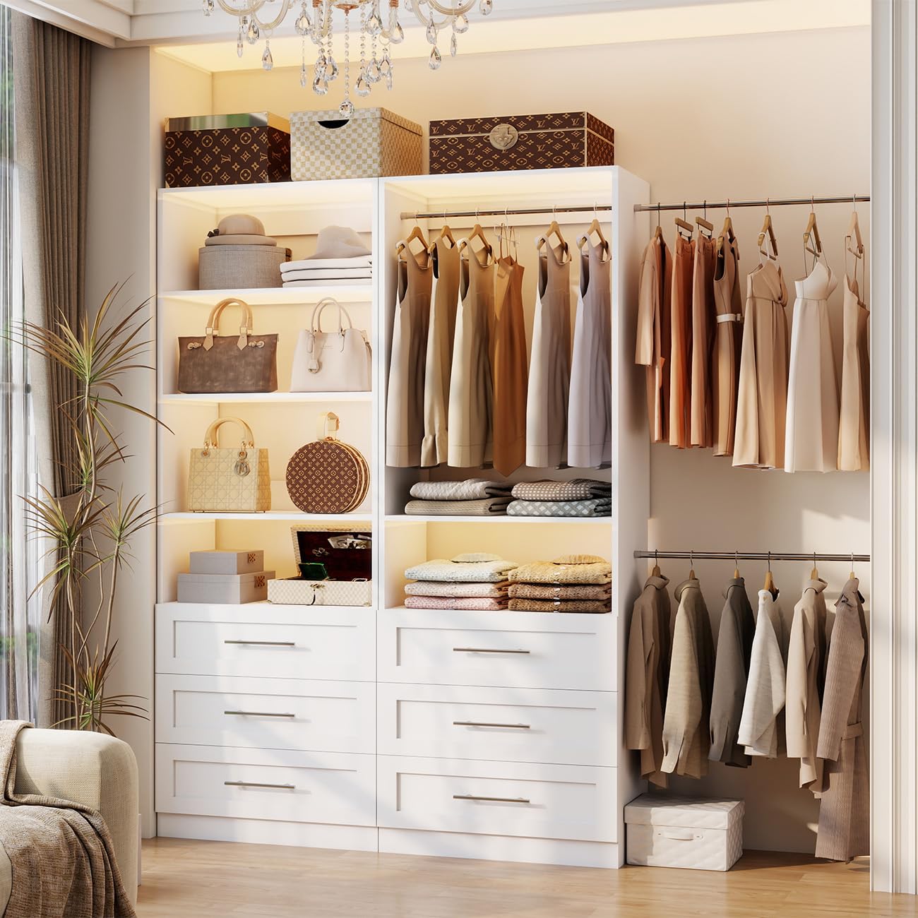 Secilix Closet System with 12 Drawers, 96" Wood Closet Organizer System, Walk-in Closet or Small Closet System with Shelves, Modular Closet Systems with 6 Expandable Hanging Rods, 4 Sets, White (8FT)