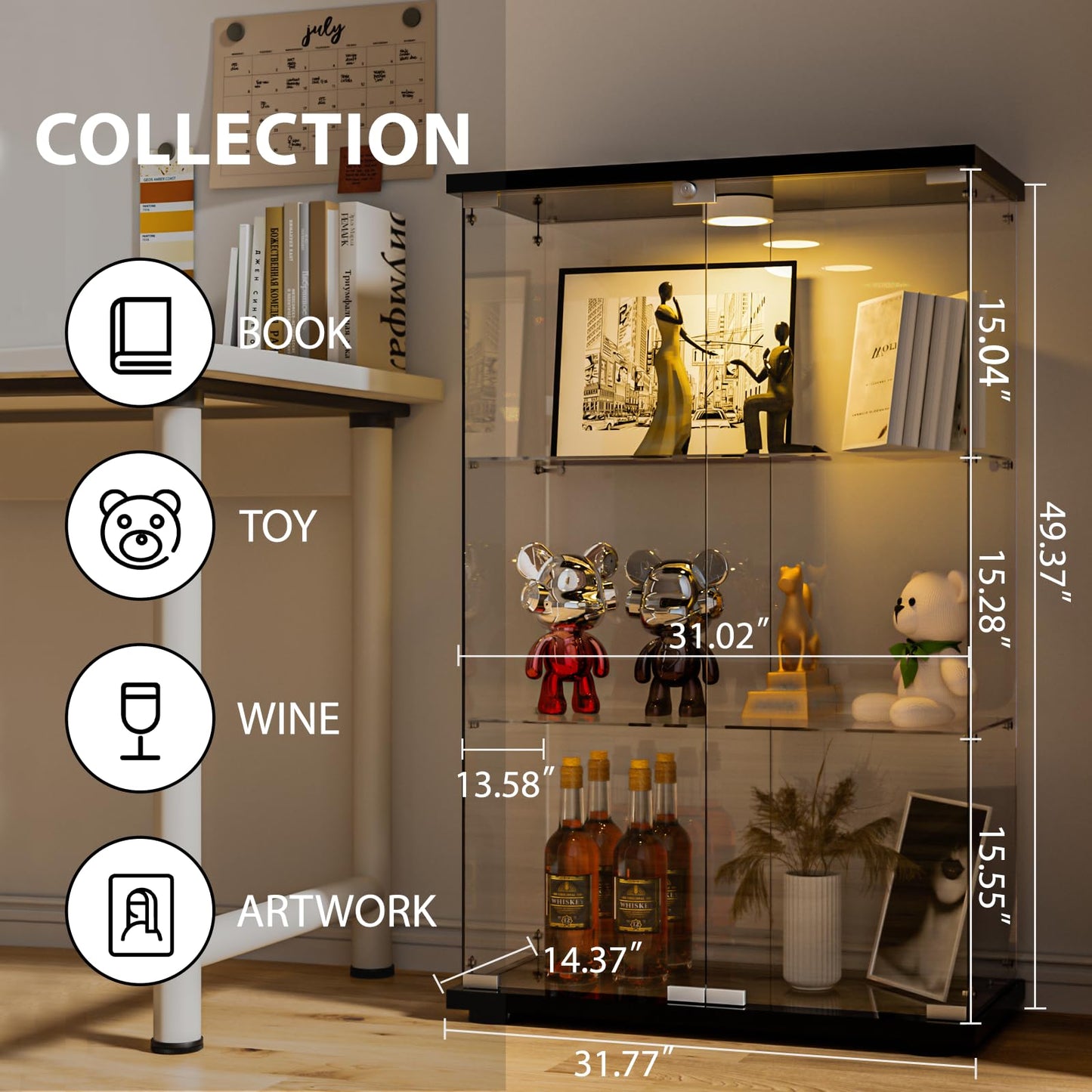 FANYUSHOW Tempered Glass Display Cabinet with LED Lights and Lock, Black, 2-Door 3-Shelf Curio Cabinet with Glass Shelves for Collectibles, Lego, Figures, Books and Wine