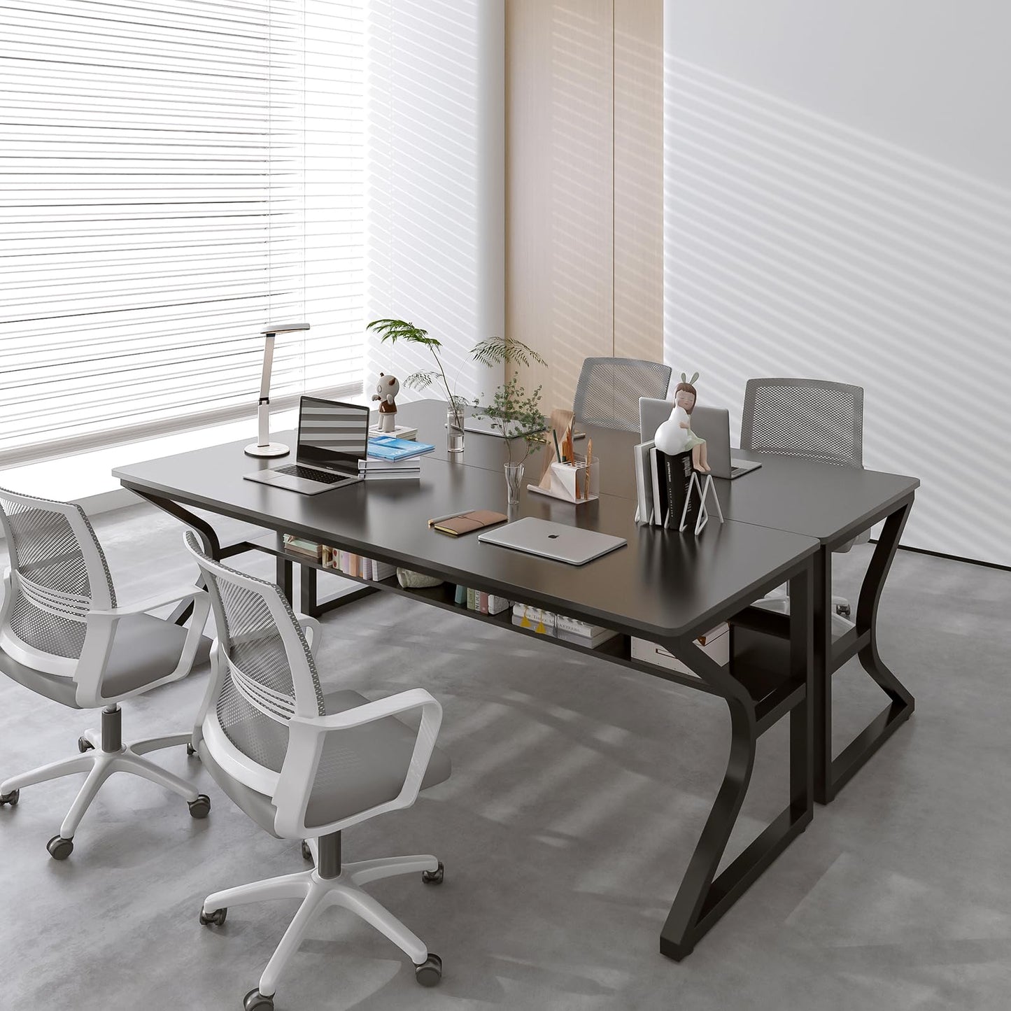 OSCHF Extra Long Desk with Bookshelf - 71" Double Long Writing Table for 2-Person Workstation, Modern Study Work Computer Desk for Home and Office, Black